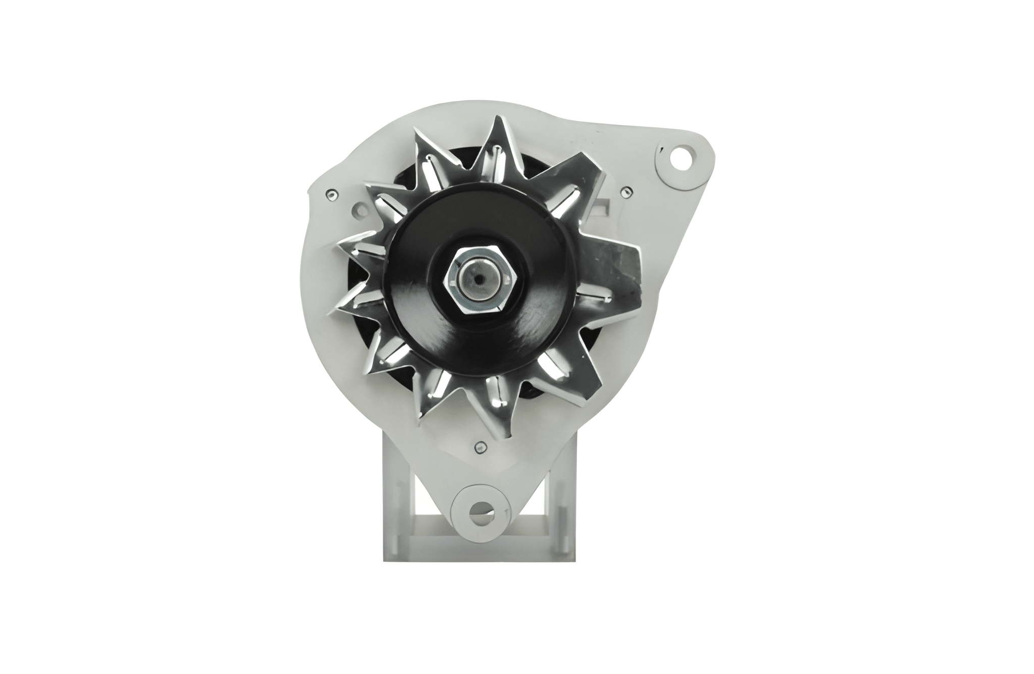 front view of A Ford 12V 35A alternator with a metal body, free wheel pulley, and mounting holes. also fits land rover cars