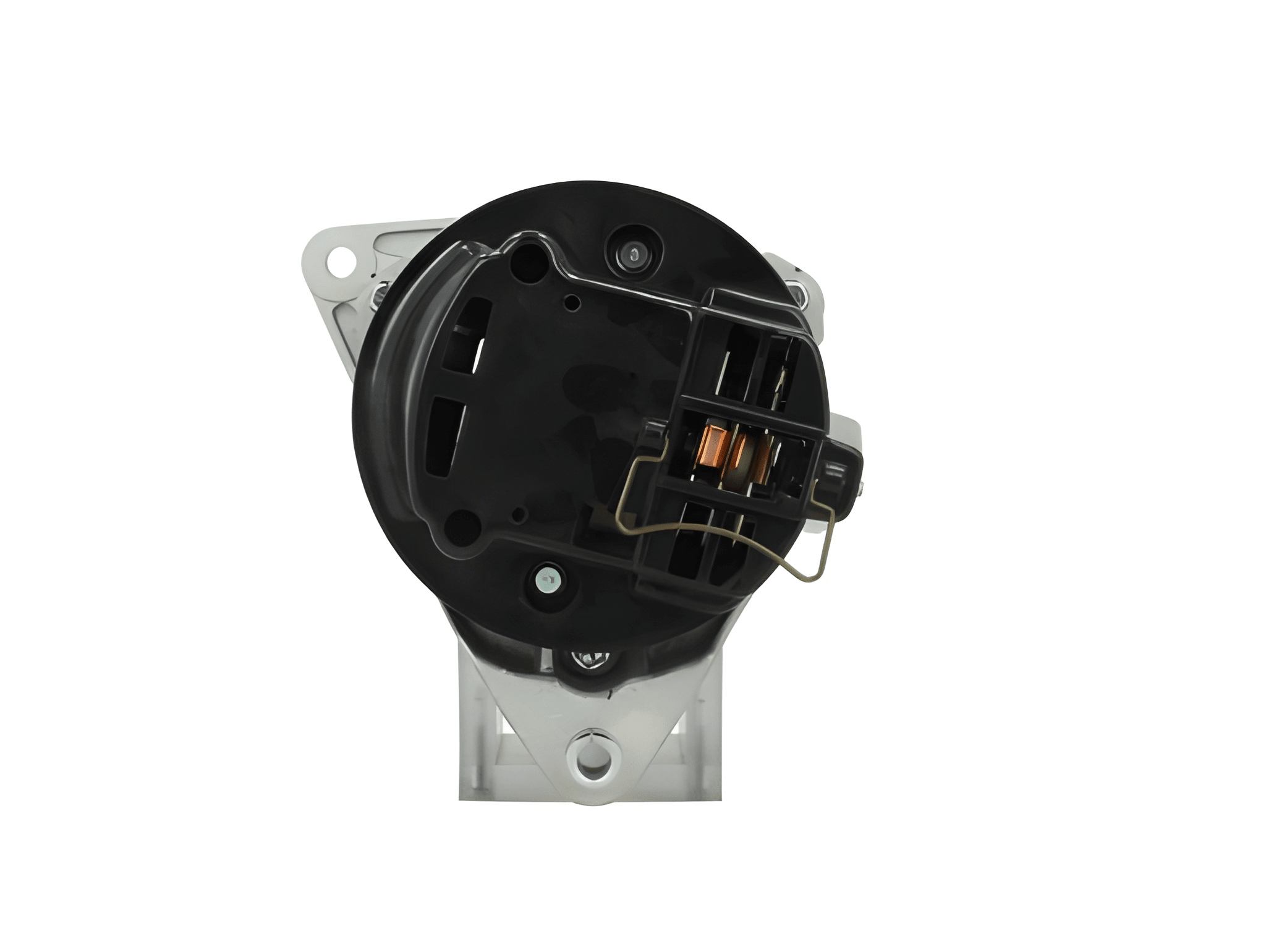 rear view of A Ford 12V 35A alternator with a metal body, free wheel pulley, and mounting holes. also fits land rover cars
