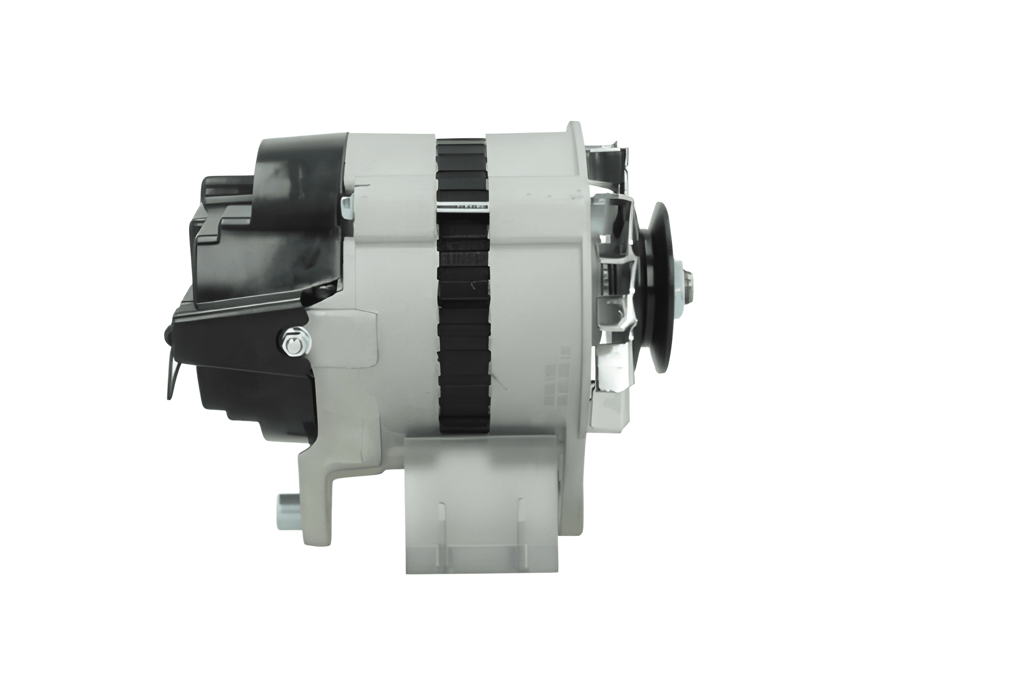 side profile view of A Ford 12V 35A alternator with a metal body, free wheel pulley, and mounting holes. also fits land rover cars