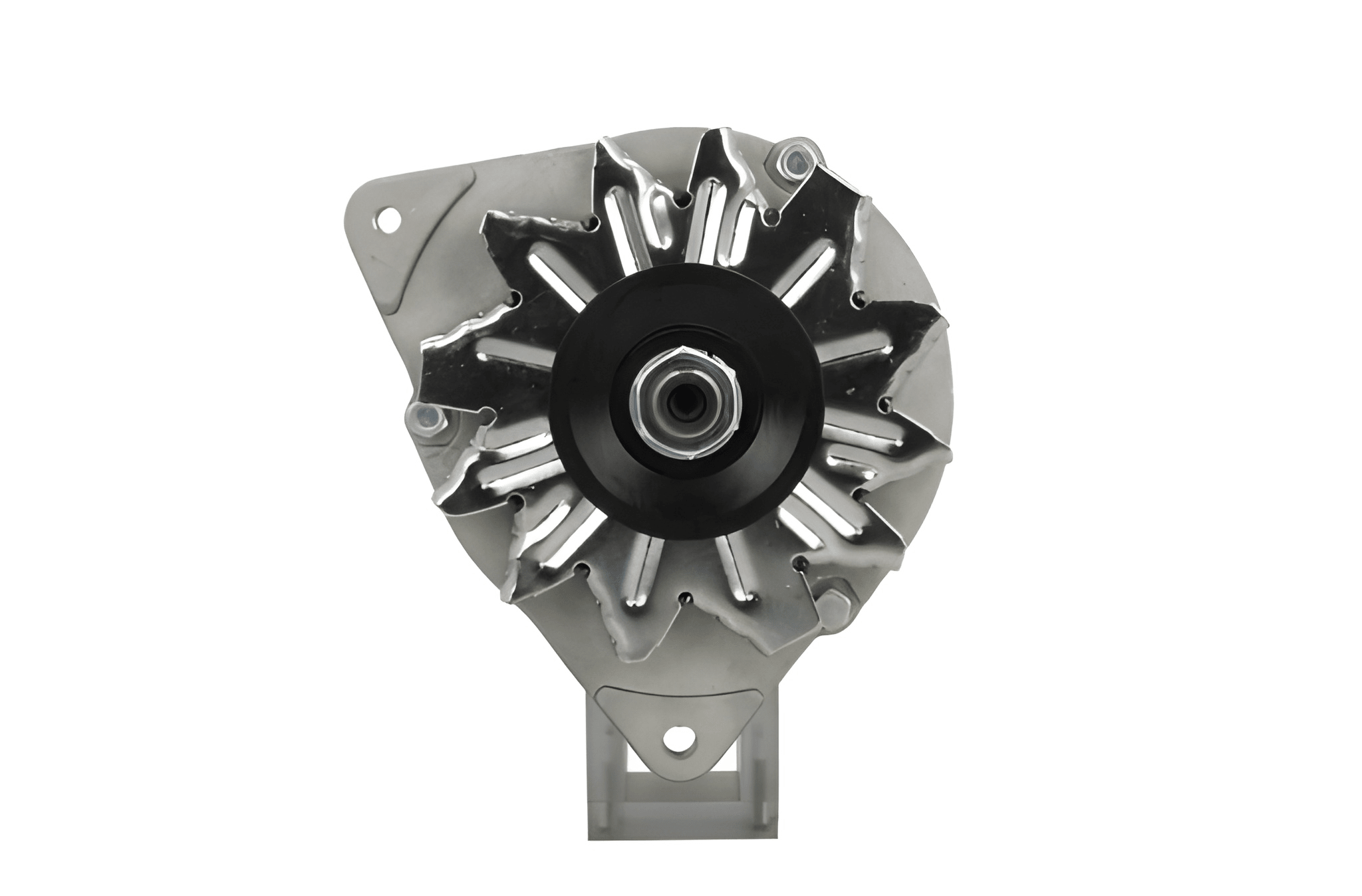 front view of A 12V Ford 70A alternator with a pulley, mounting holes, and a gray body. Fits, Massey Ferguson, Ford, Land Rover and mazda vehicles