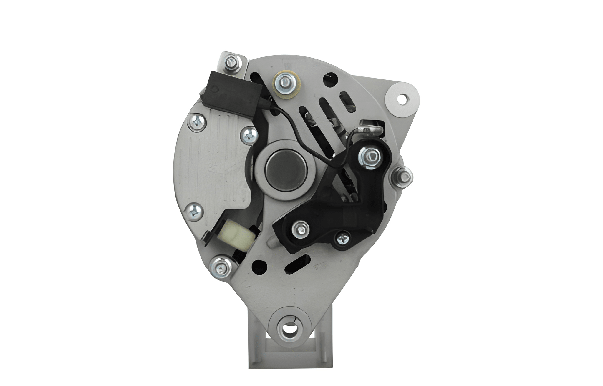 rear view of A 12V Ford 70A alternator with a pulley, mounting holes, and a gray body. Fits, Massey Ferguson, Ford, Land Rover and mazda vehicles