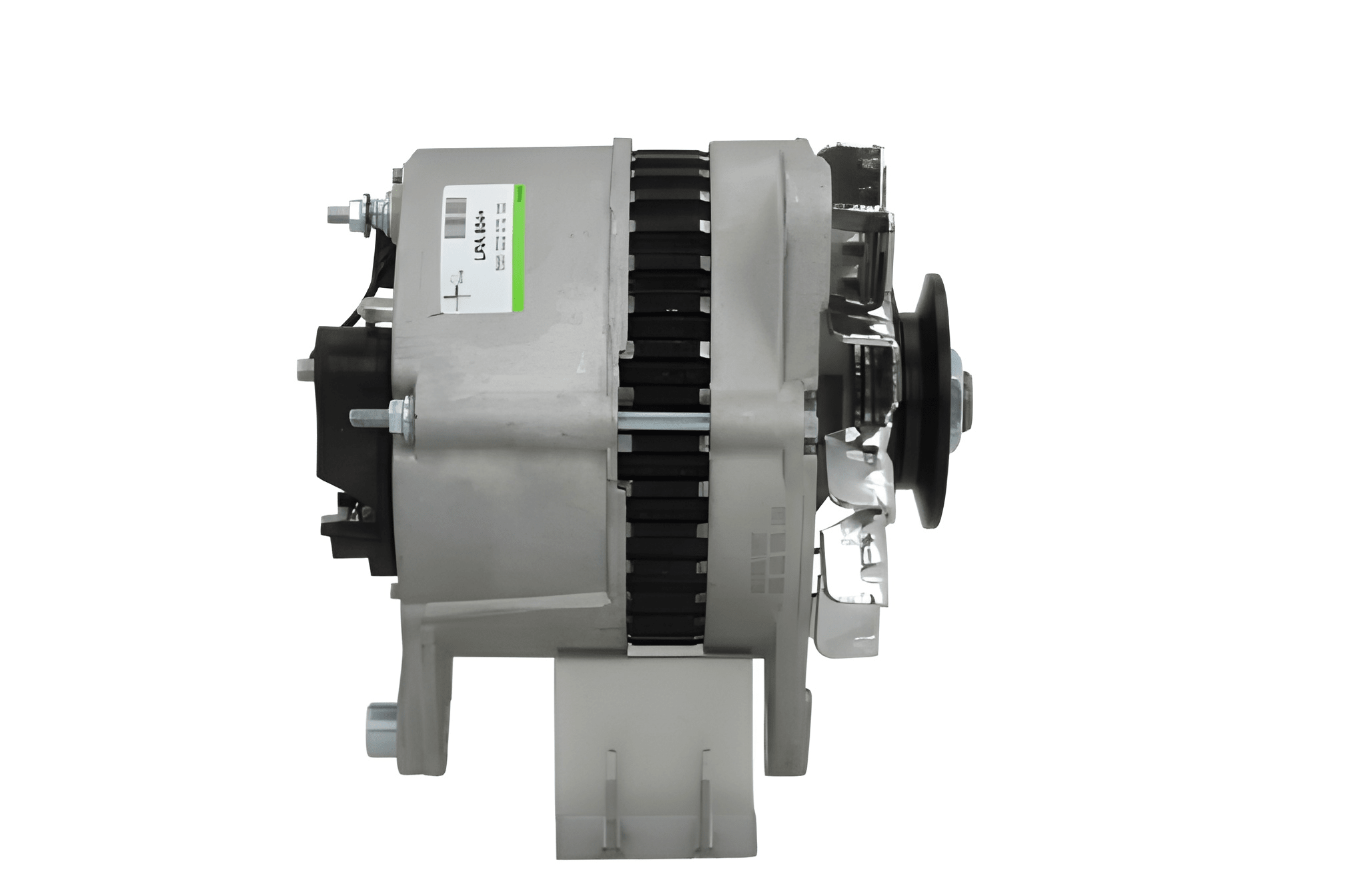 side view of A 12V Ford 70A alternator with a pulley, mounting holes, and a gray body. Fits, Massey Ferguson, Ford, Land Rover and mazda vehicles