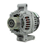 A Ford 110A alternator 12V, showing a metal body with a pulley and connectors.
