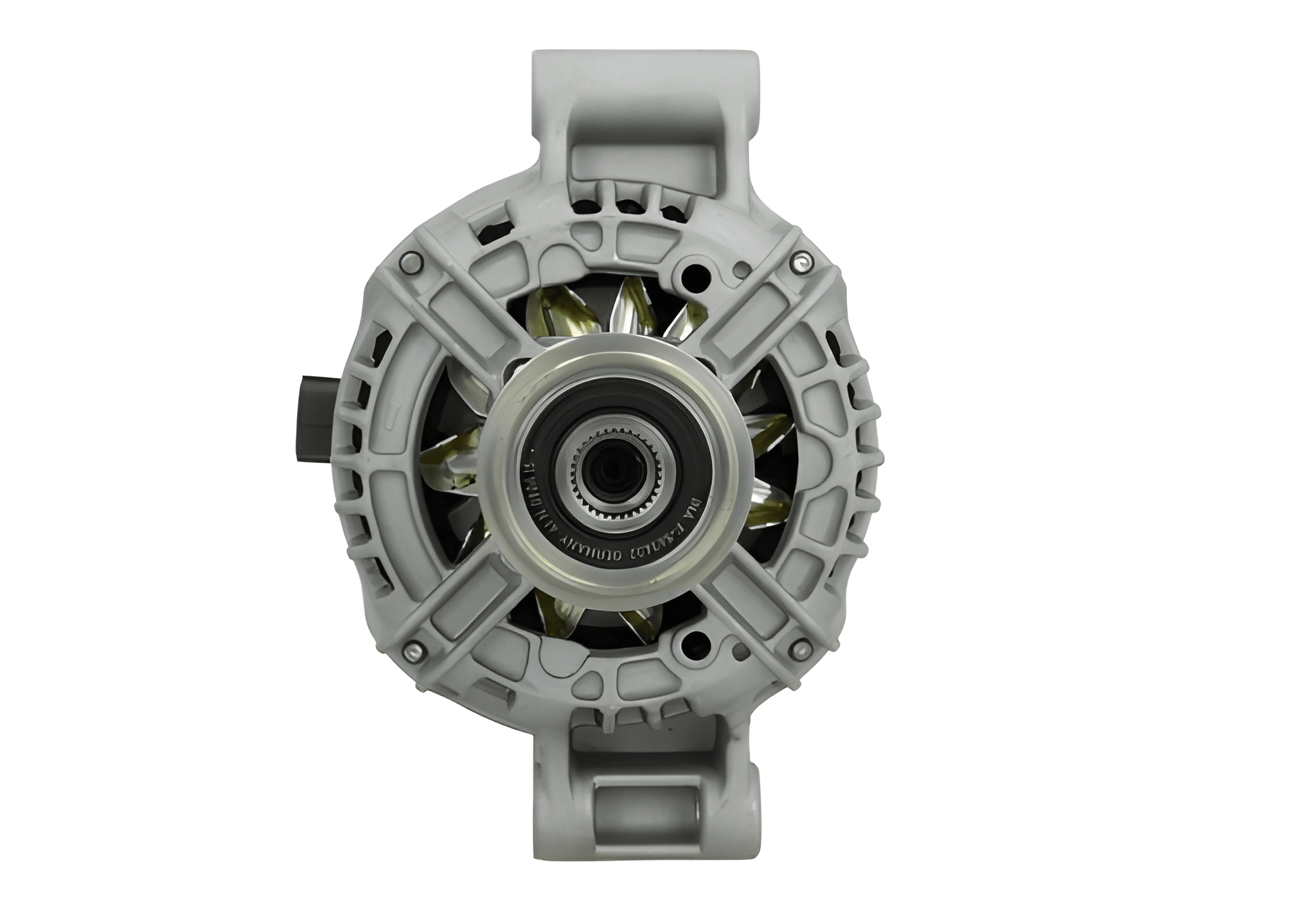 A Ford 110A alternator 12V, showing a metal body with a pulley and connectors.