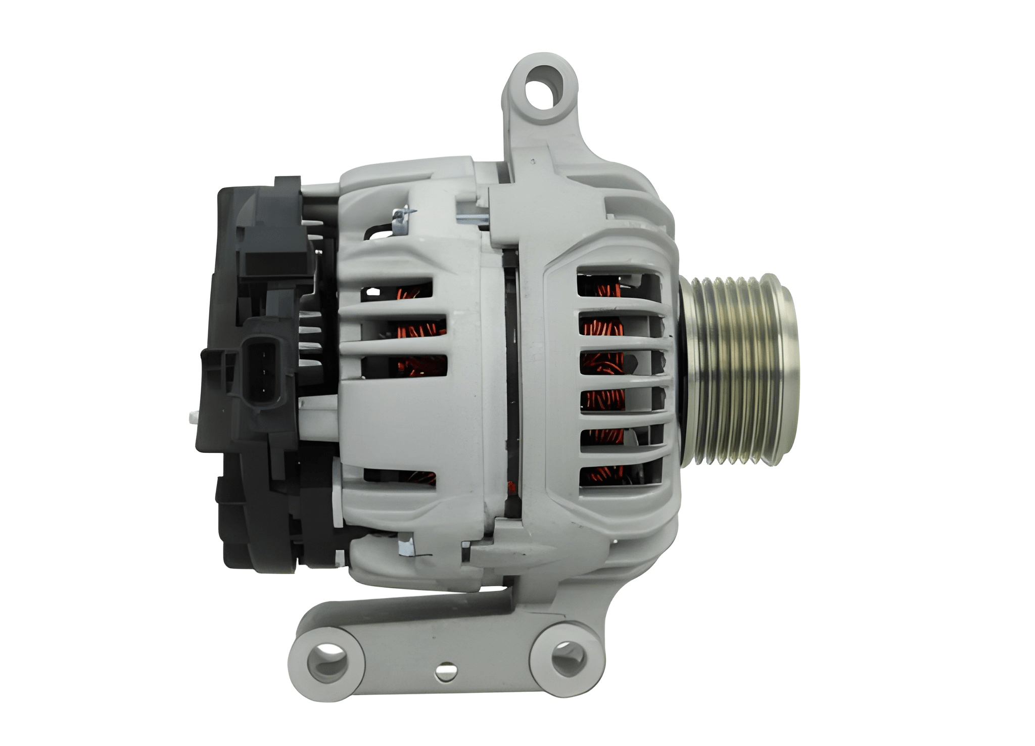 A Ford 110A alternator 12V, showing a metal body with a pulley and connectors.