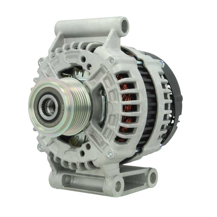 A new 12V aftermarket alternator 150Amps for Ford Transit and land rover defender vehicles, with metal construction and a gray color.
