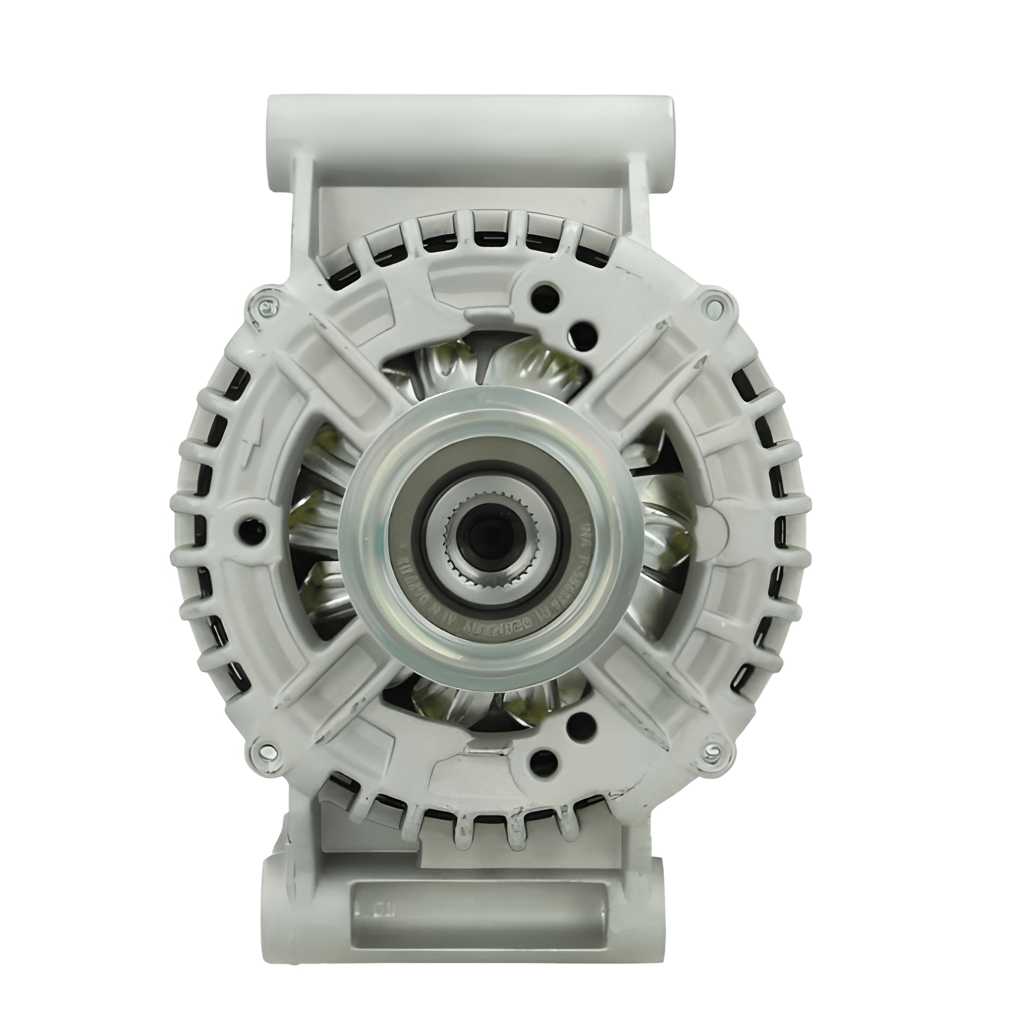 front view of A new 12V aftermarket alternator 150Amps for Ford Transit and land rover defender vehicles, with metal construction and a gray color.