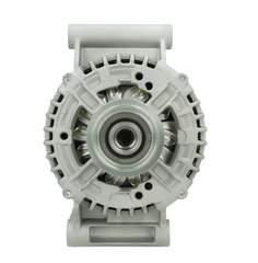 front view of A new 12V aftermarket alternator 150Amps for Ford Transit and land rover defender vehicles, with metal construction and a gray color.