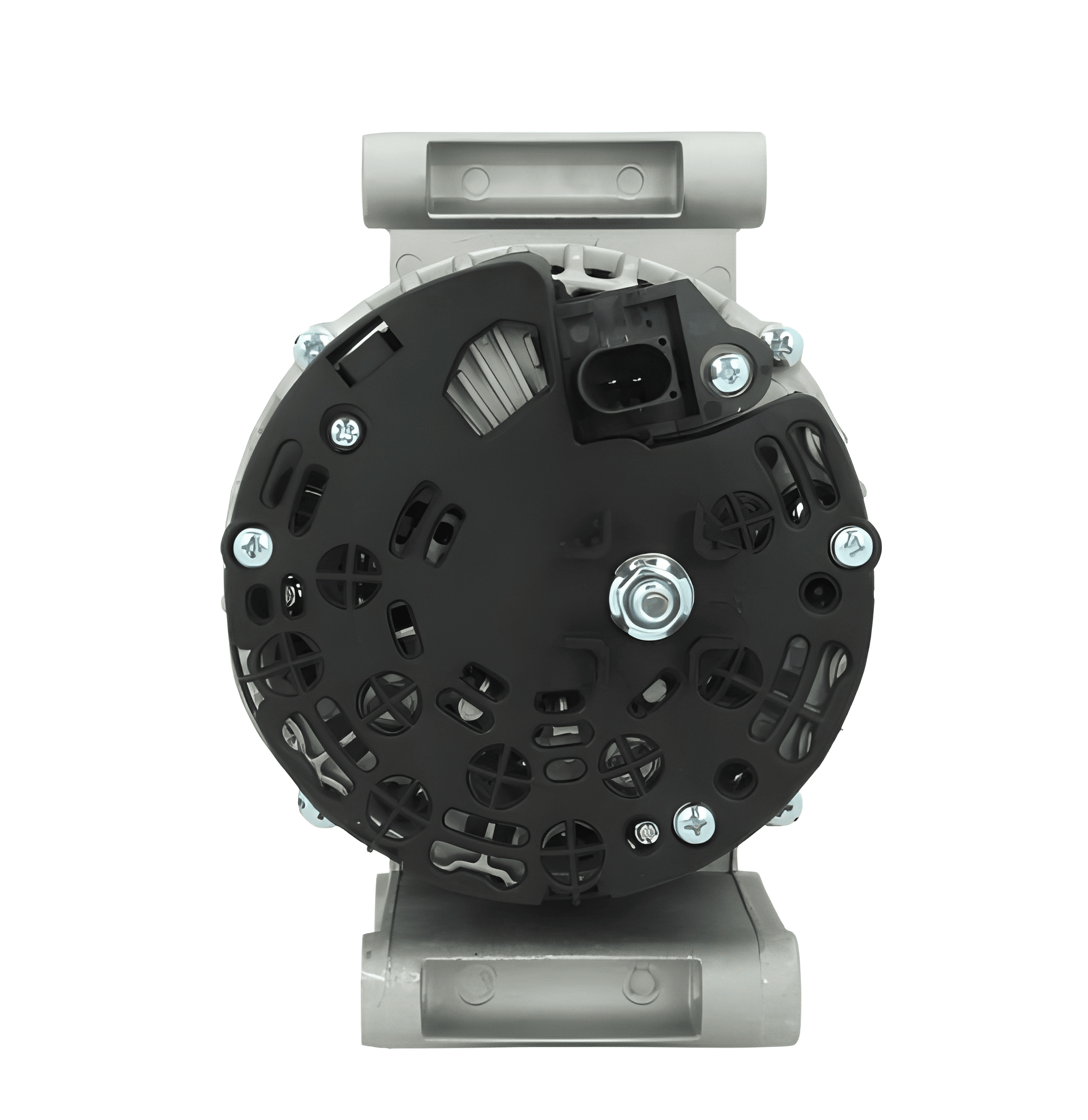 rear view of A new 12V aftermarket alternator 150Amps for Ford Transit and land rover defender vehicles, with metal construction and a gray color.