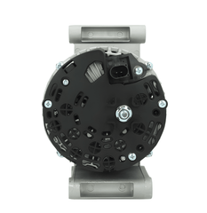 rear view of A new 12V aftermarket alternator 150Amps for Ford Transit and land rover defender vehicles, with metal construction and a gray color.