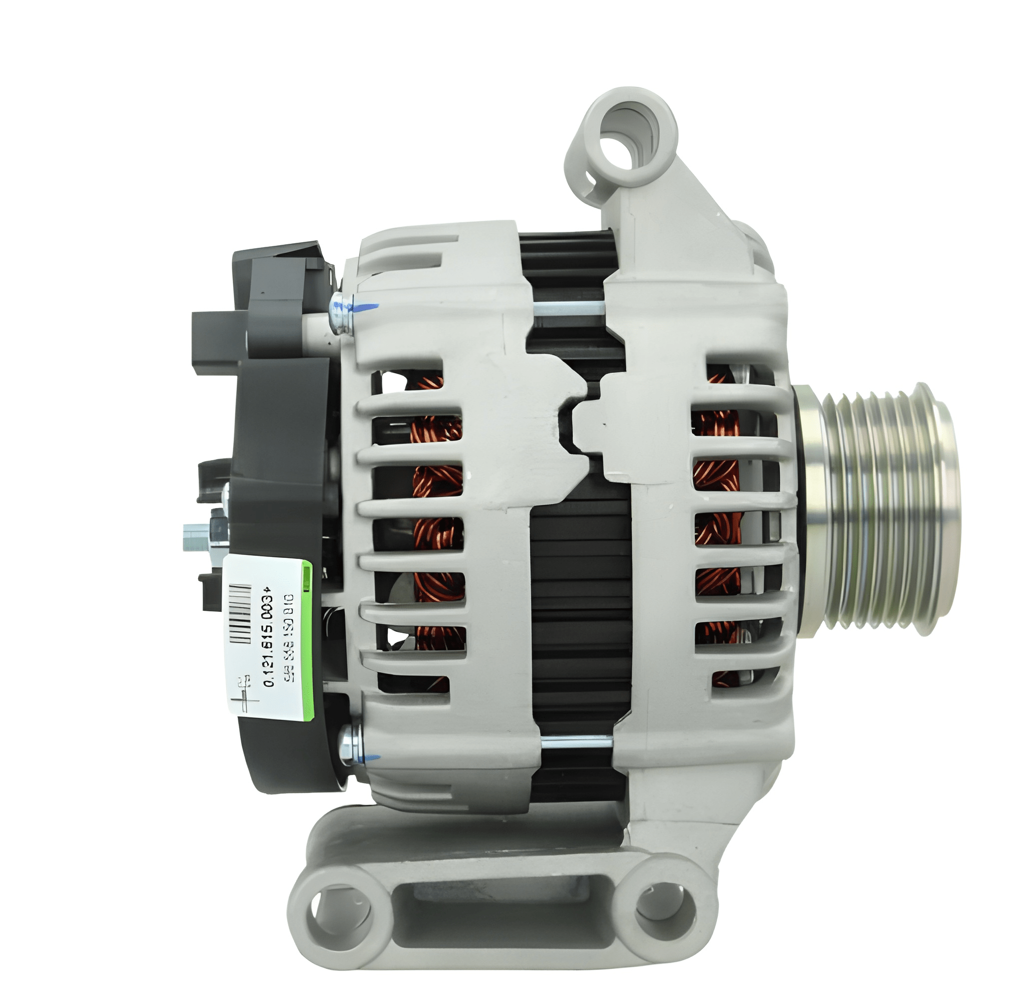 side profile of A new 12V aftermarket alternator 150Amps for Ford Transit and land rover defender vehicles, with metal construction and a gray color.