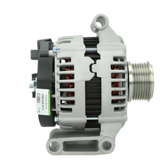 side profile of A new 12V aftermarket alternator 150Amps for Ford Transit and land rover defender vehicles, with metal construction and a gray color.