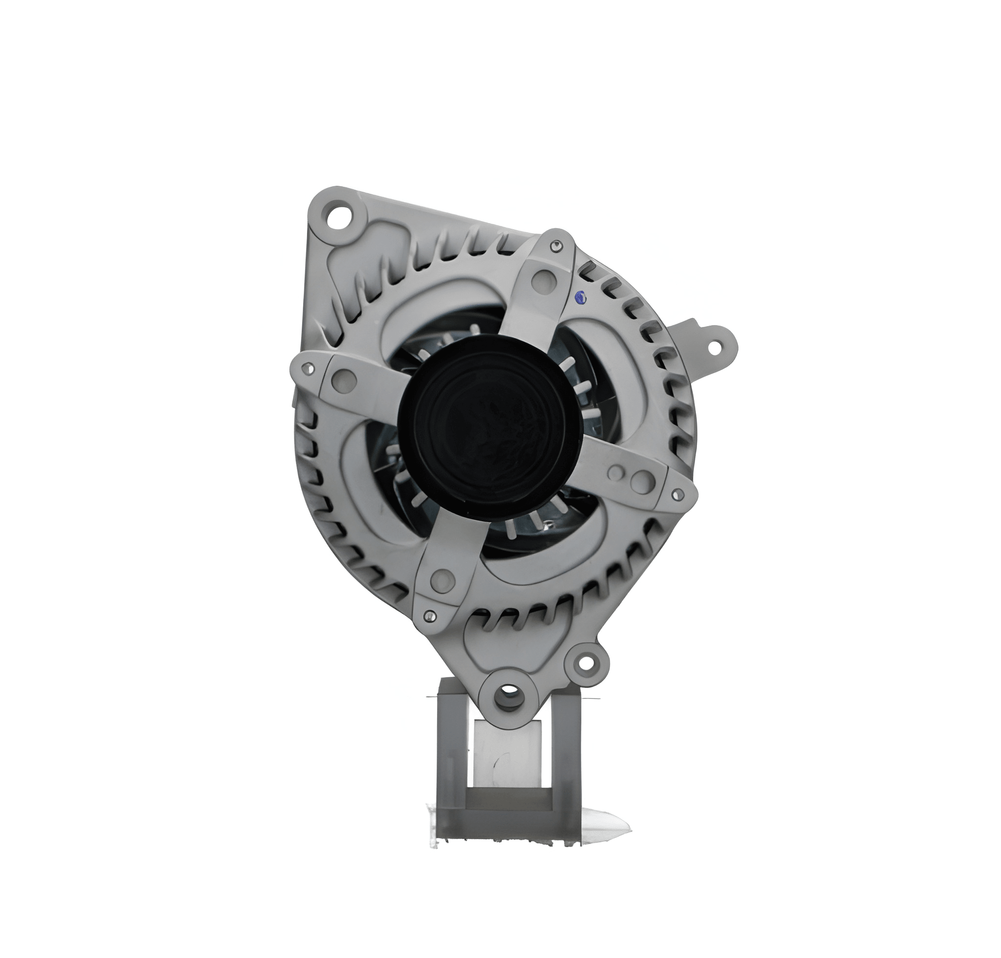 front view of A new 12V, 130A aftermarket alternator for honda civic with a metal body, black in color, with visible mounting points and a pulley.