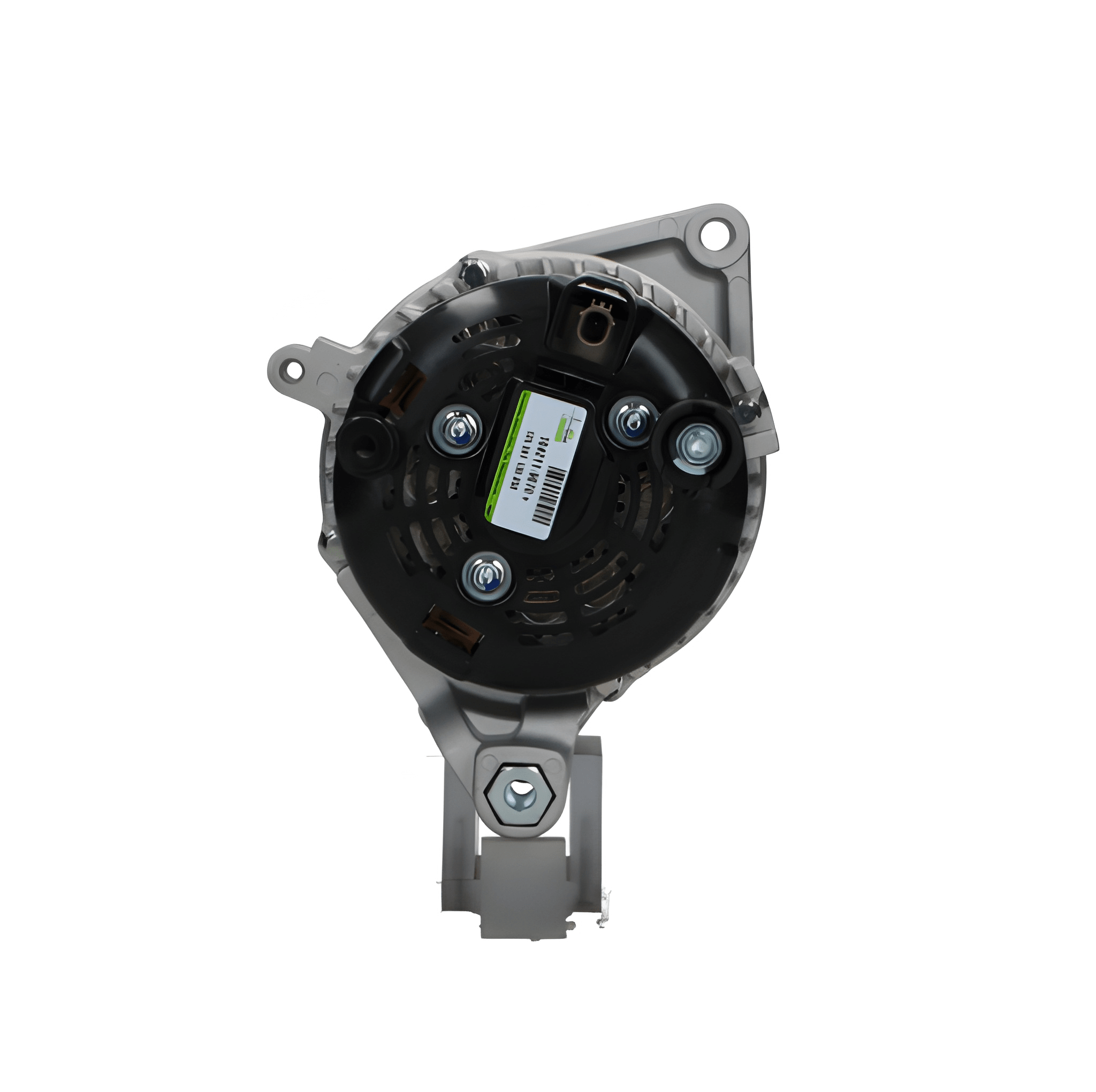 rear view of A new 12V, 130A aftermarket alternator for honda civic with a metal body, black in color, with visible mounting points and a pulley.