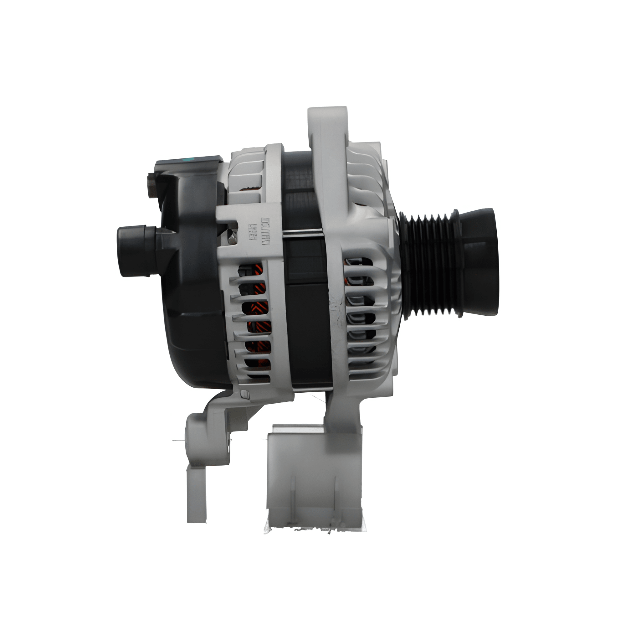 side view of A new 12V, 130A aftermarket alternator for honda civic with a metal body, black in color, with visible mounting points and a pulley.