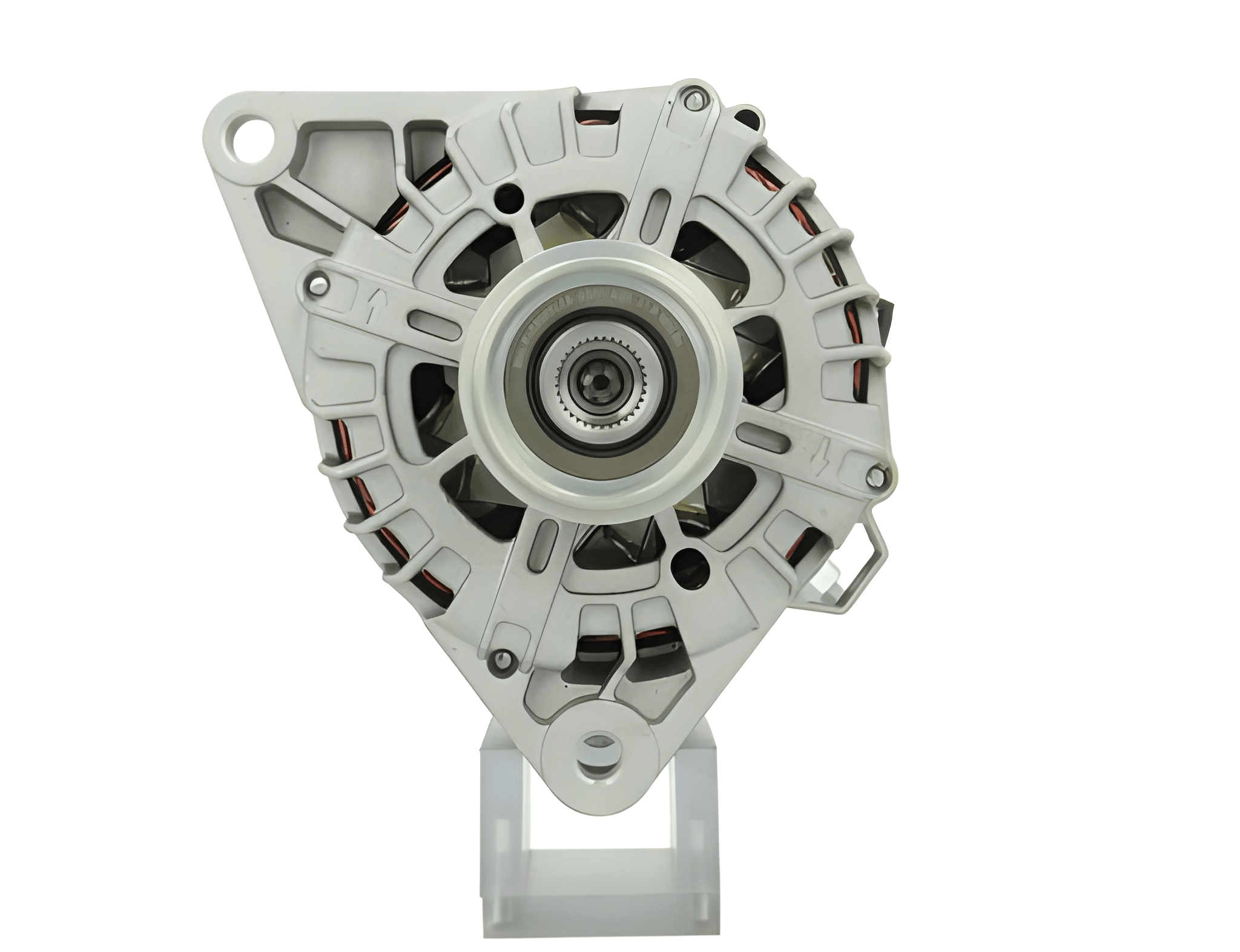 front view of A new 12V aftermarket alternator 130Amps for Hyundai / Kia vehicles, featuring a metal body with a pulley and mounting points visible.