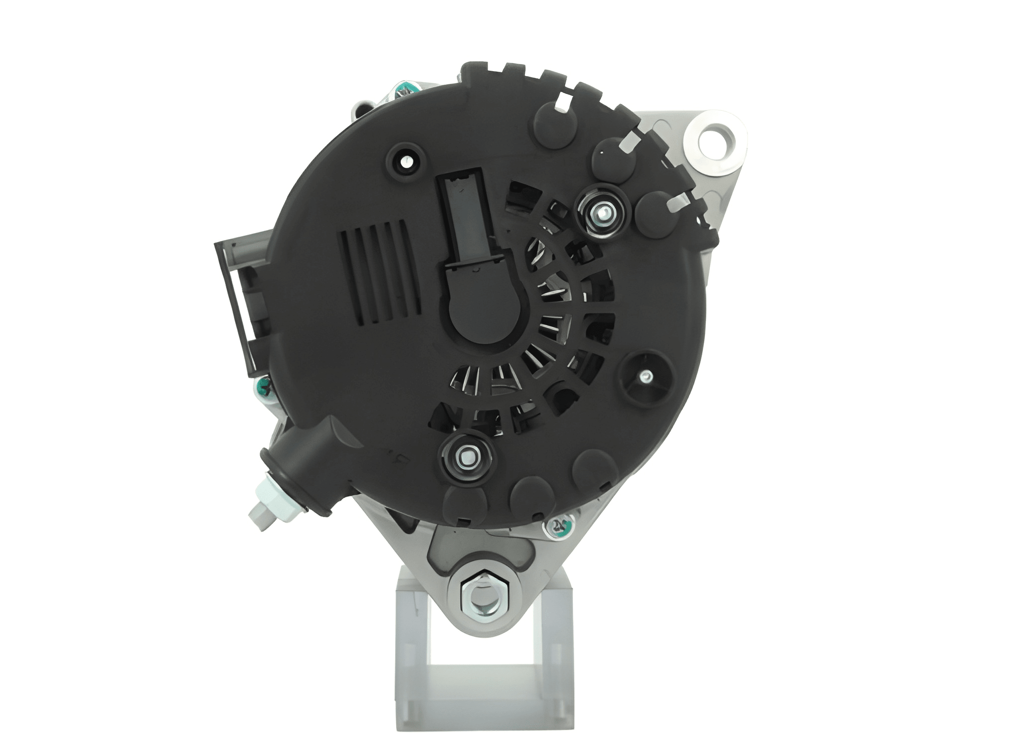 rear view of A new 12V aftermarket alternator 130Amps for Hyundai / Kia vehicles, featuring a metal body with a pulley and mounting points visible.