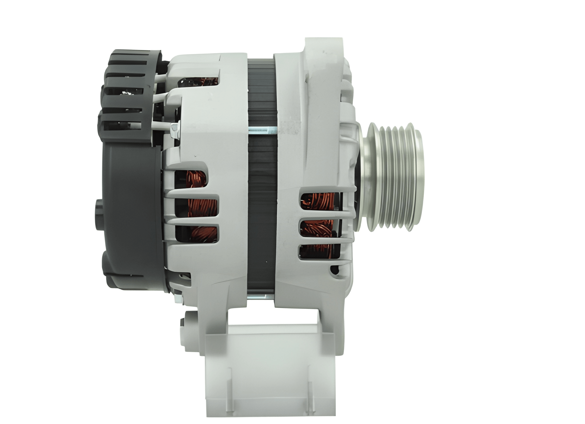 side view of A new 12V aftermarket alternator 130Amps for Hyundai / Kia vehicles, featuring a metal body with a pulley and mounting points visible.
