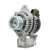 A new Isuzu 12V, 80A alternator with a metal body, plastic components, and electrical connectors. fits isuzu D Max