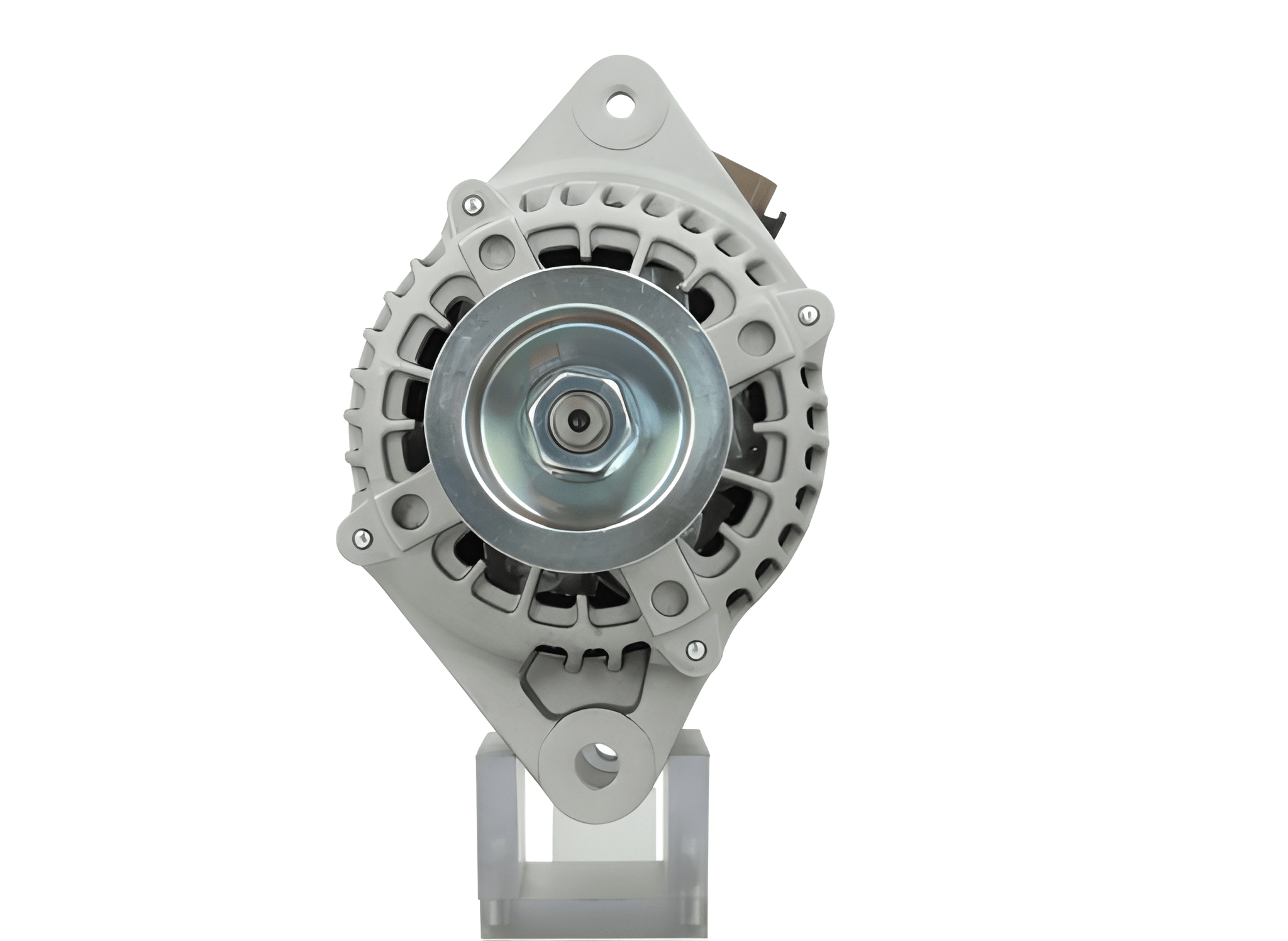 front view of A new Isuzu 12V, 80A alternator with a metal body, plastic components, and electrical connectors. fits isuzu D Max