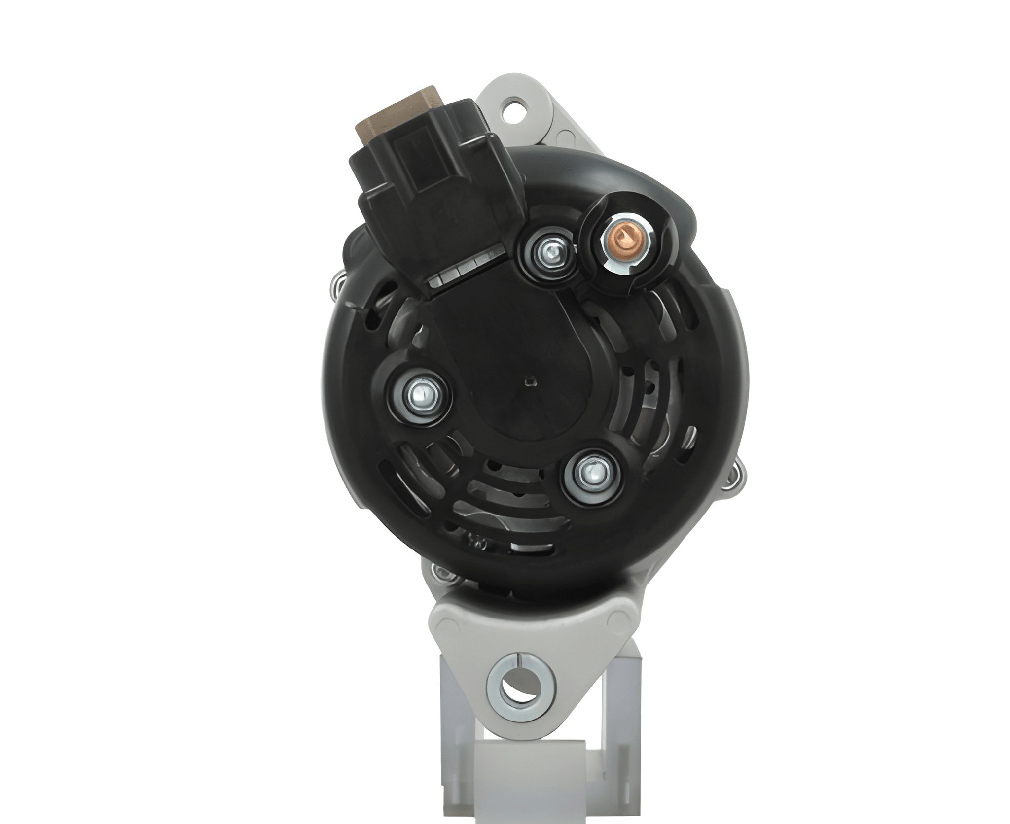 rear view of A new Isuzu 12V, 80A alternator with a metal body, plastic components, and electrical connectors. fits isuzu D Max