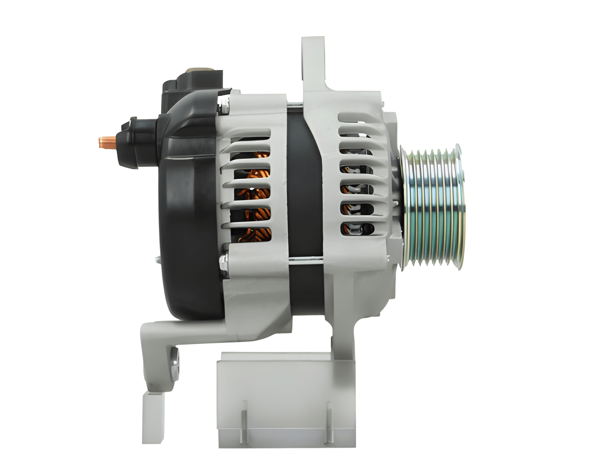 side view of A new Isuzu 12V, 80A alternator with a metal body, plastic components, and electrical connectors. fits isuzu D Max