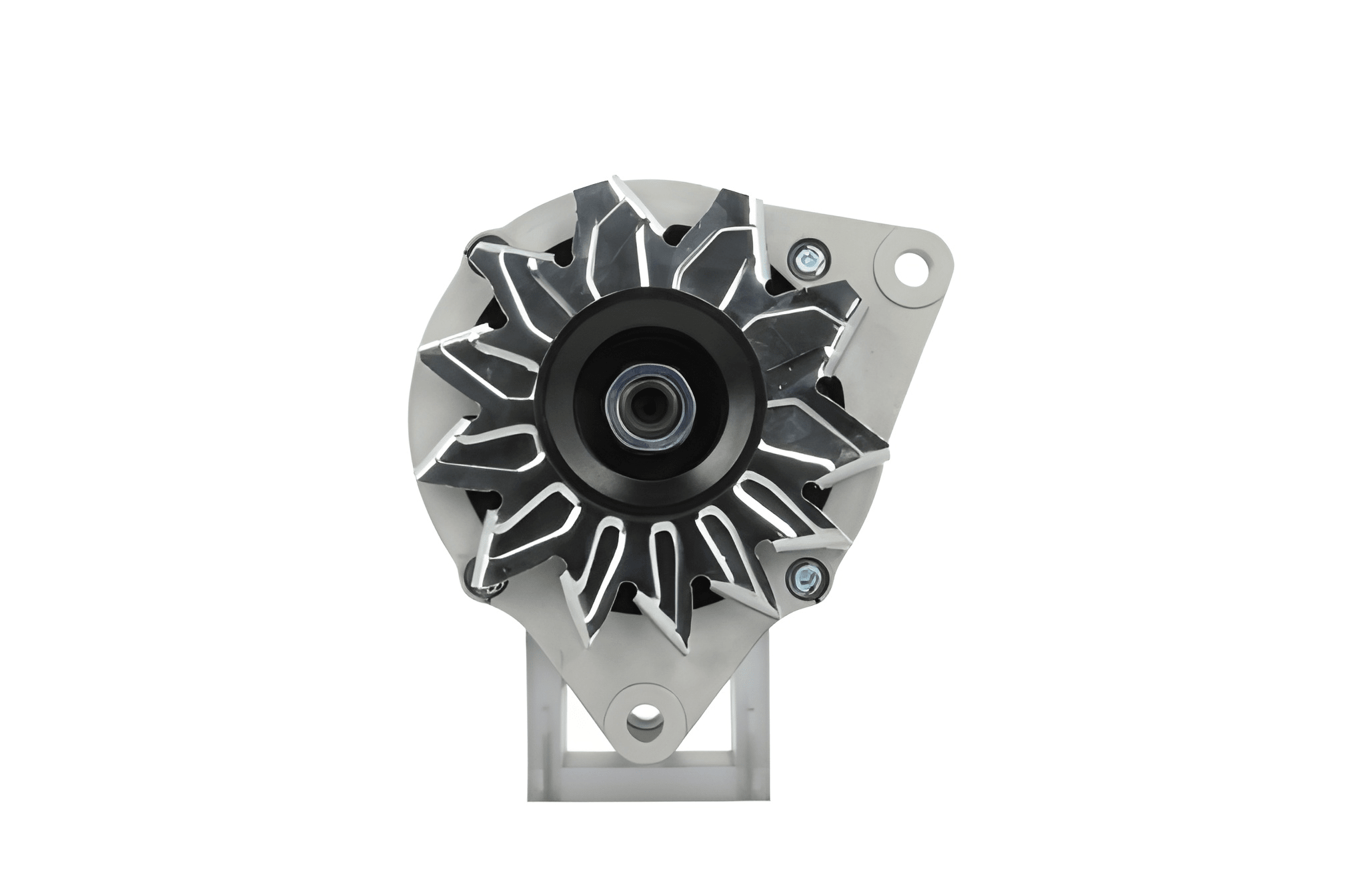 front view of A new 12V 120 amp Iveco alternator, showing the front view with a pulley and mounting holes visible.