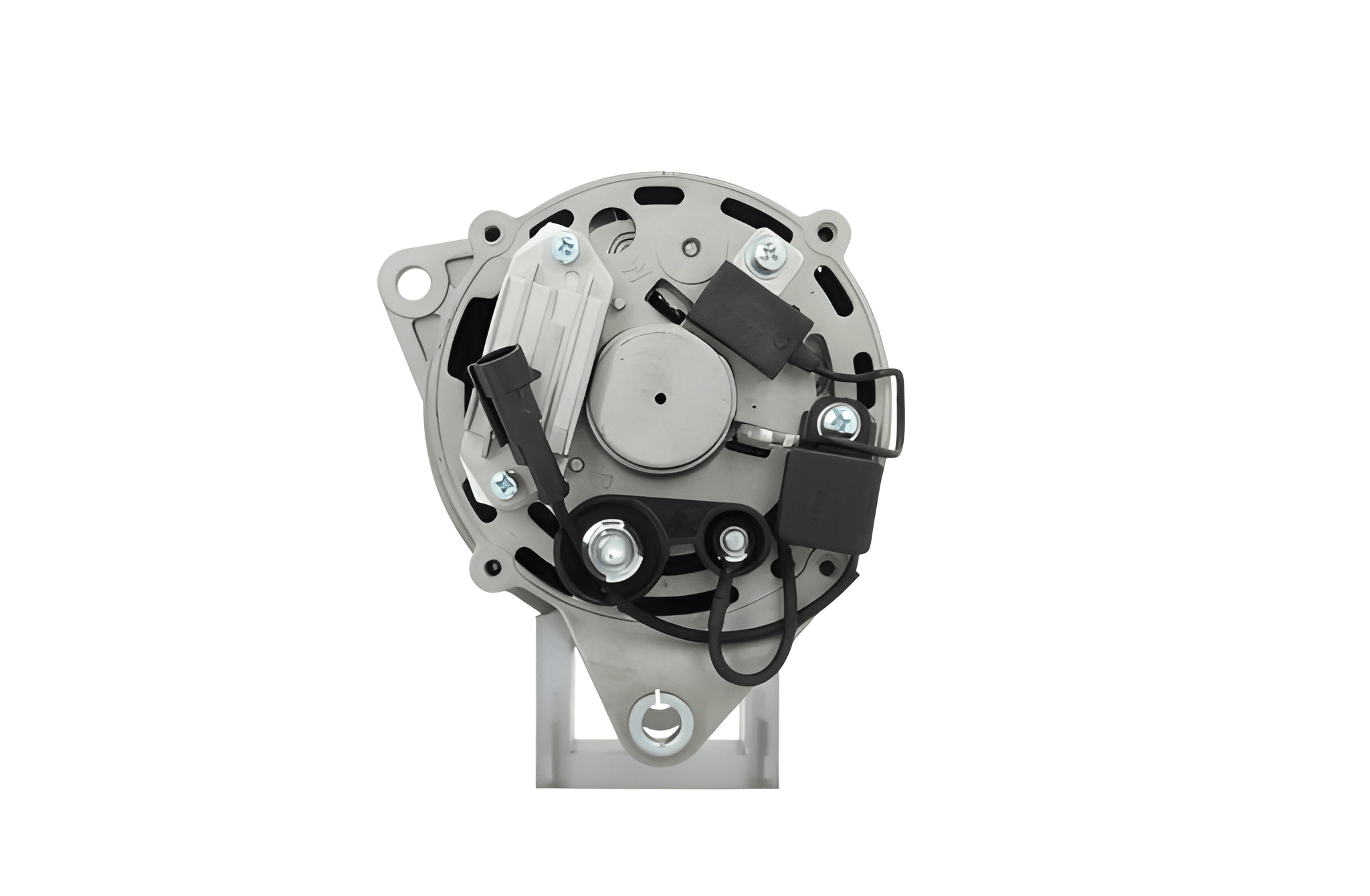 rear view of A new 12V 120 amp Iveco alternator, showing the front view with a pulley and mounting holes visible.