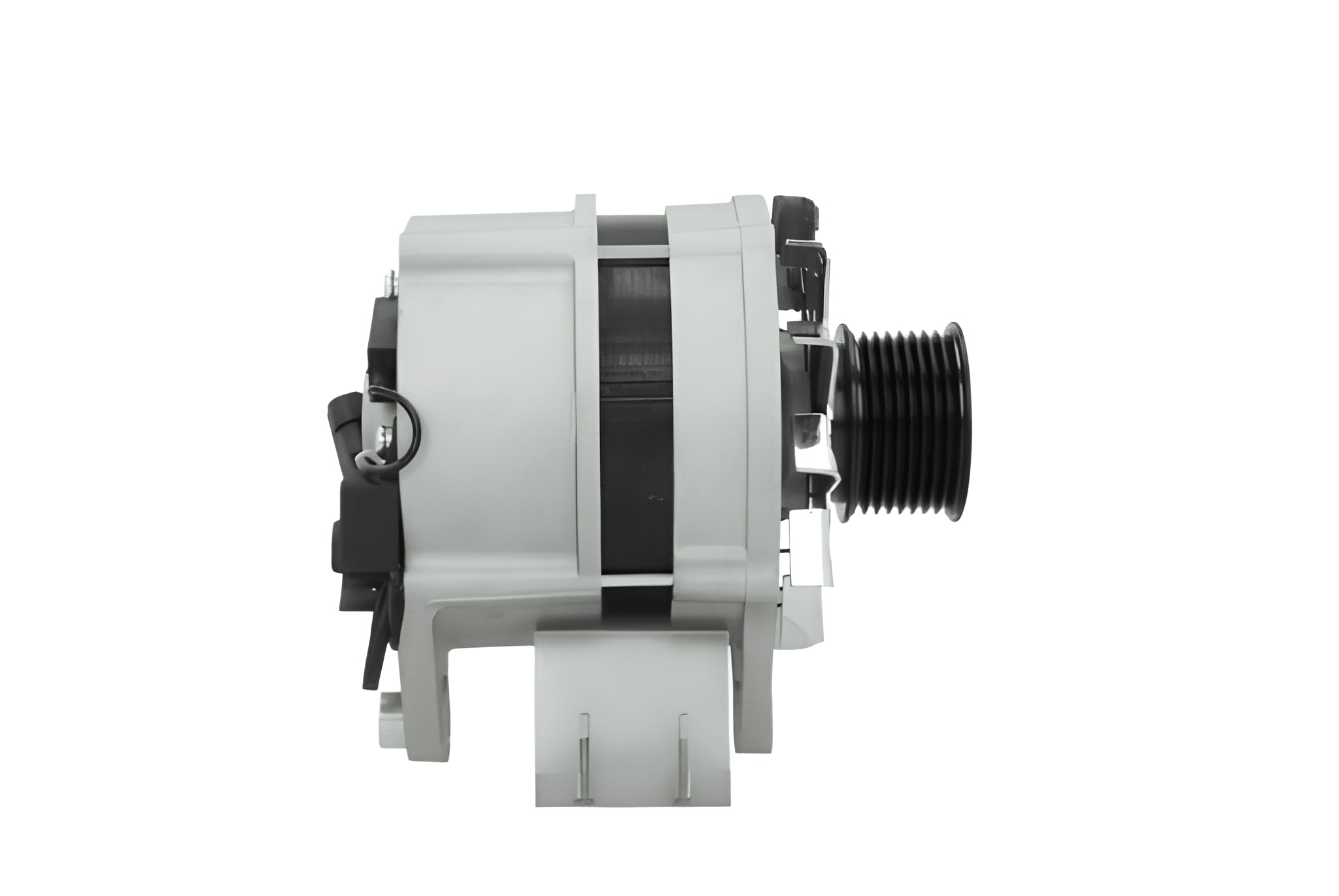 side view of A new 12V 120 amp Iveco alternator, showing the front view with a pulley and mounting holes visible.