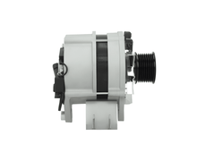 side view of A new 12V 120 amp Iveco alternator, showing the front view with a pulley and mounting holes visible.