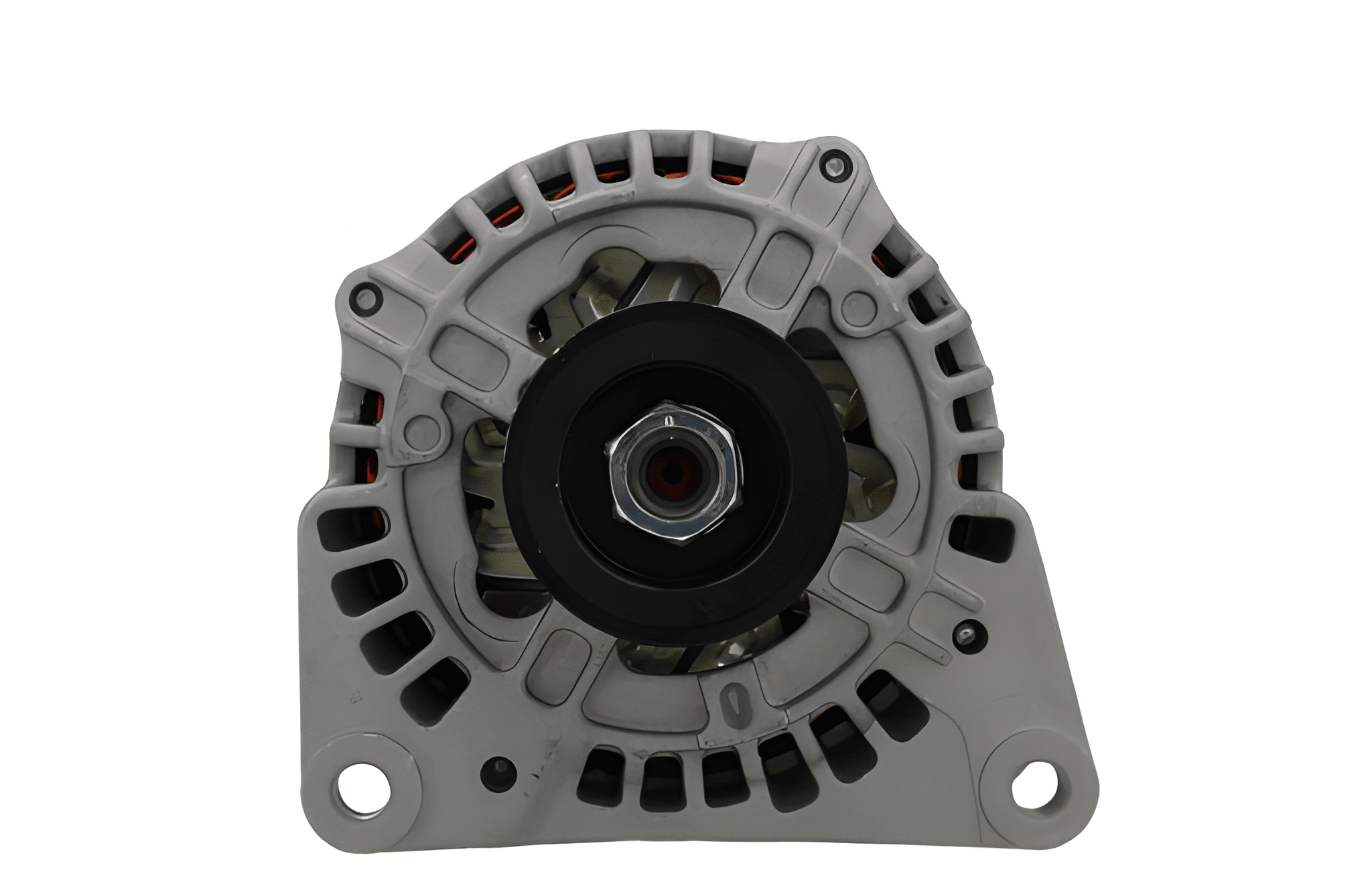 front view of A gray Alternator 12V Fits JCB 95A alternator for a vehicle, with mounting holes and a pulley visible.