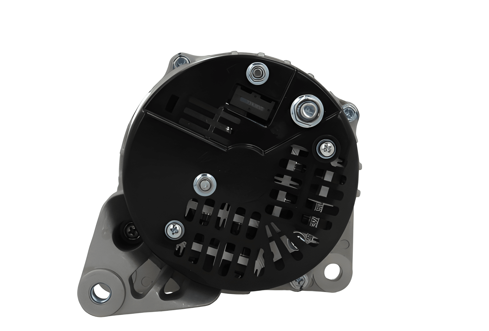rear view of A gray Alternator 12V Fits JCB 95A alternator for a vehicle, with mounting holes and a pulley visible.