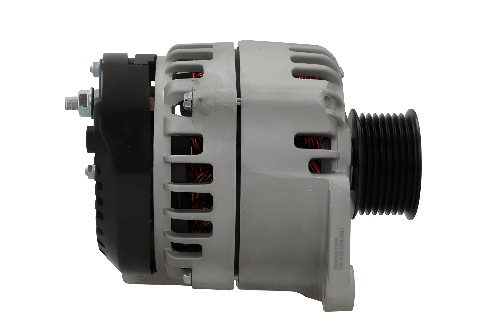 side view of A gray Alternator 12V Fits JCB 95A alternator for a vehicle, with mounting holes and a pulley visible.