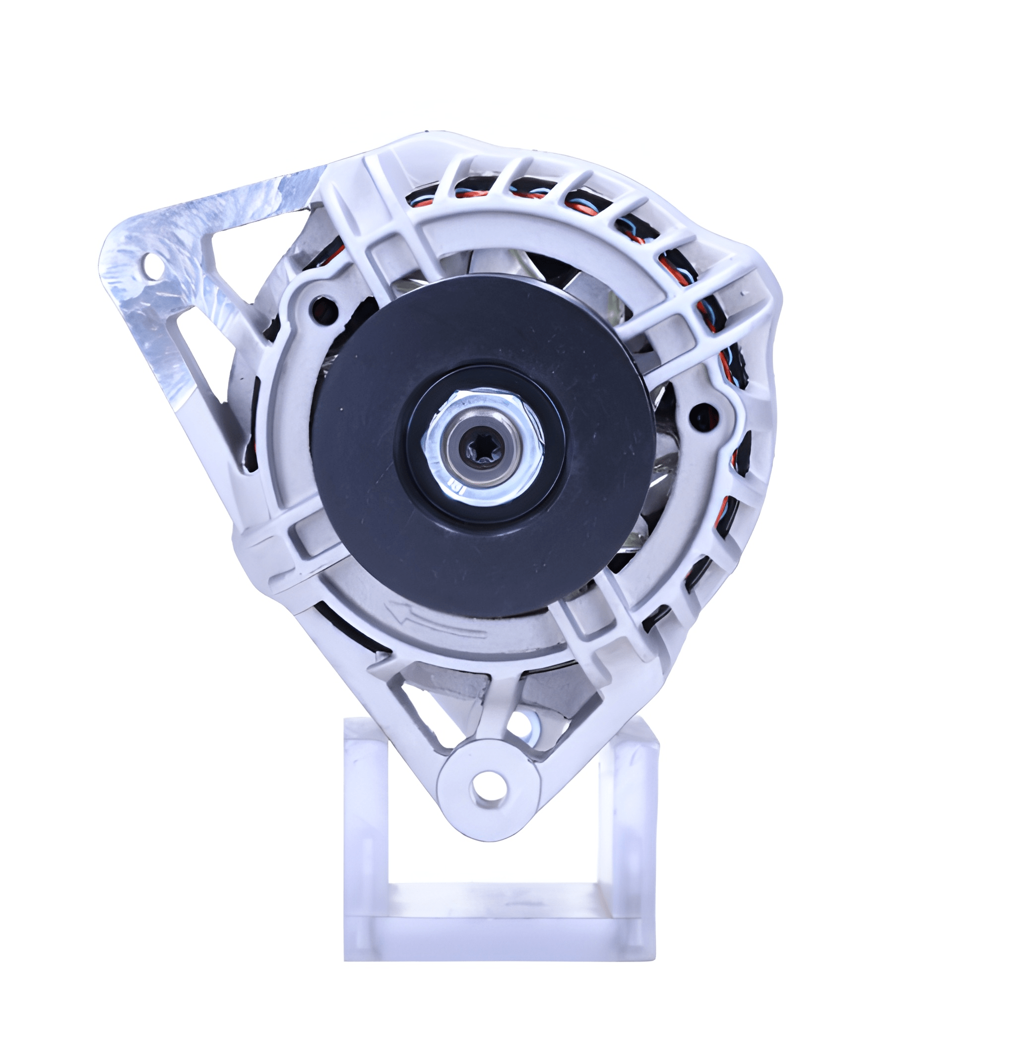 front view of a Car alternator on a white background