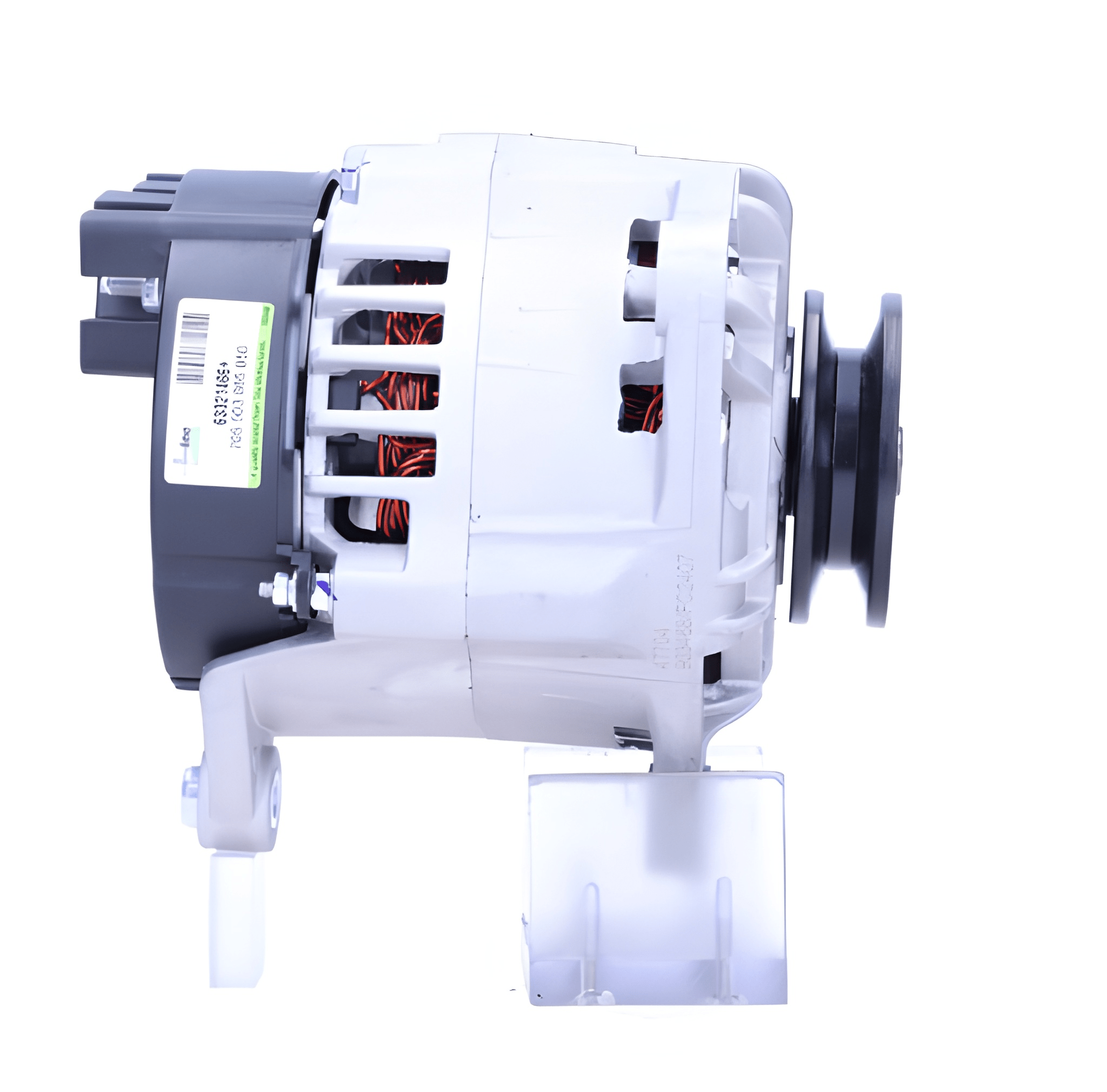 side view of a Car alternator on a white background