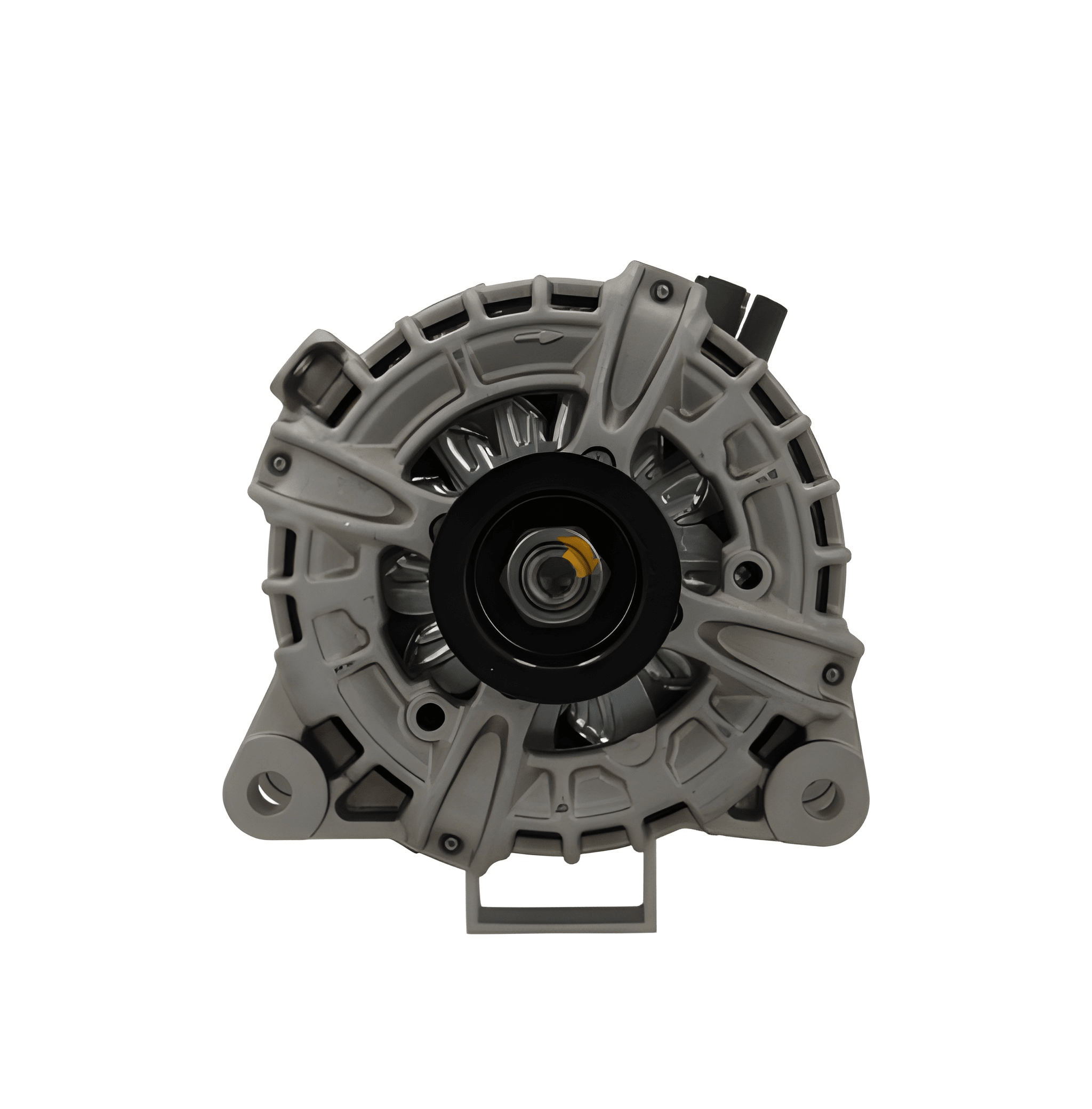 front view of A new 12V 230A aftermarket alternator for Land Rover, Jaguar and range rover vehicles, showcasing the alternator with a gray body and multiple mounting holes.