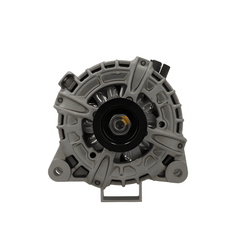 front view of A new 12V 230A aftermarket alternator for Land Rover, Jaguar and range rover vehicles, showcasing the alternator with a gray body and multiple mounting holes.