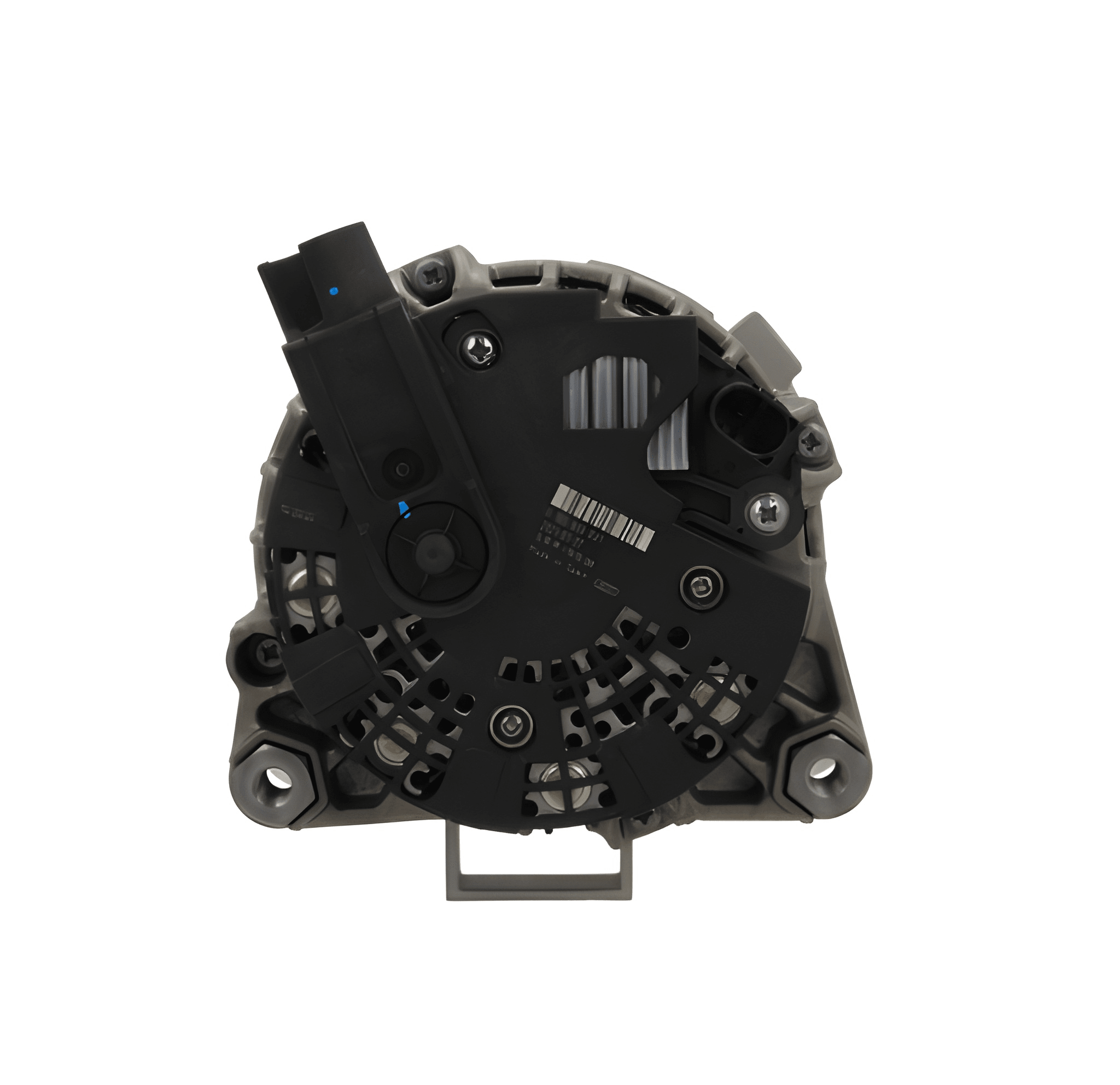 rear view of A new 12V 230A aftermarket alternator for Land Rover, Jaguar and range rover vehicles, showcasing the alternator with a gray body and multiple mounting holes.