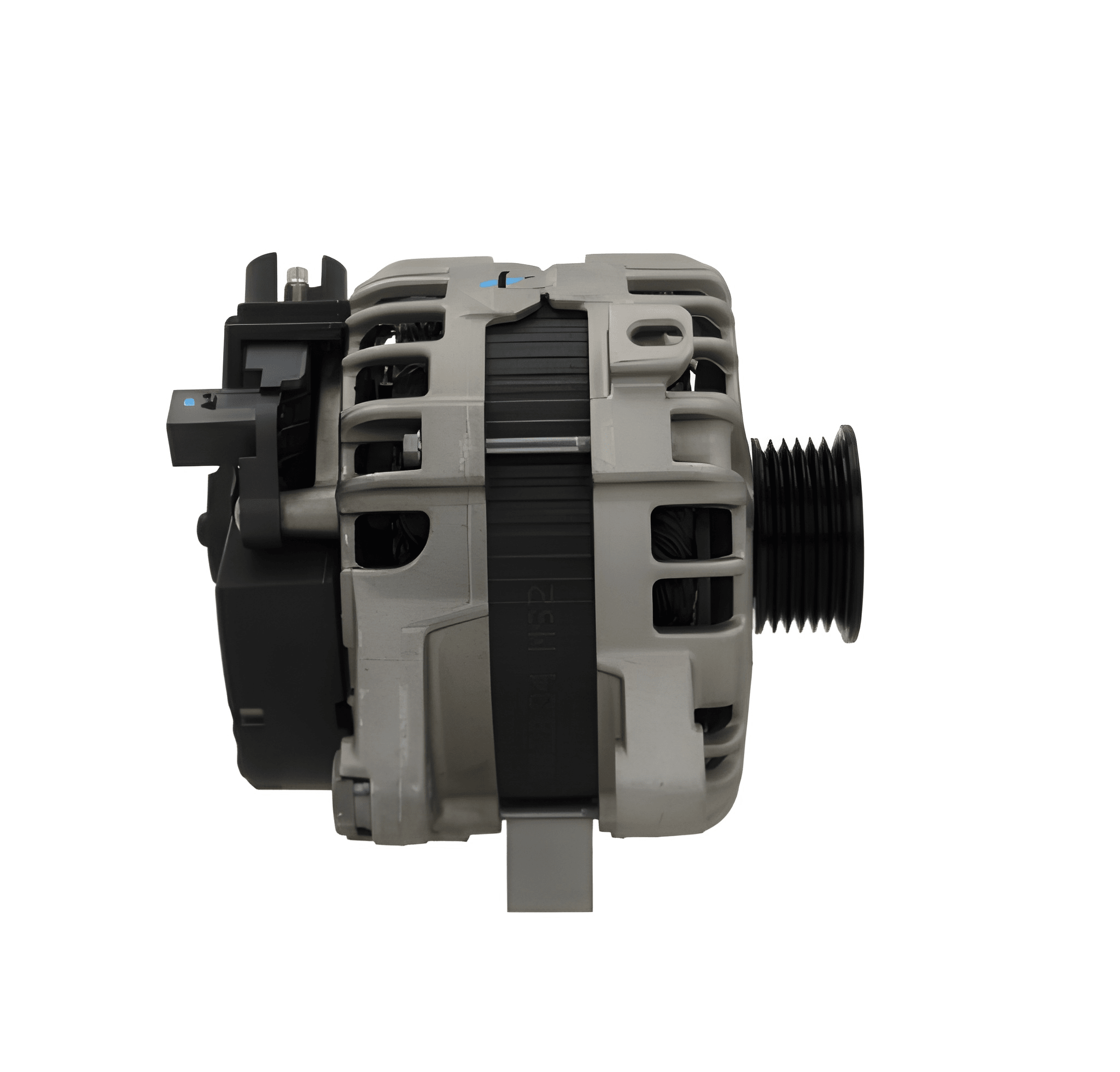 side view of A new 12V 230A aftermarket alternator for Land Rover, Jaguar and range rover vehicles, showcasing the alternator with a gray body and multiple mounting holes.