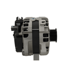 side view of A new 12V 230A aftermarket alternator for Land Rover, Jaguar and range rover vehicles, showcasing the alternator with a gray body and multiple mounting holes.