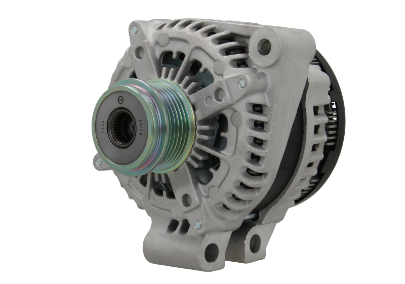 A new aftermarket alternator with a metal body, free wheel pulley, and multiple mounting holes.