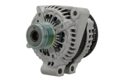 A new aftermarket alternator with a metal body, free wheel pulley, and multiple mounting holes.