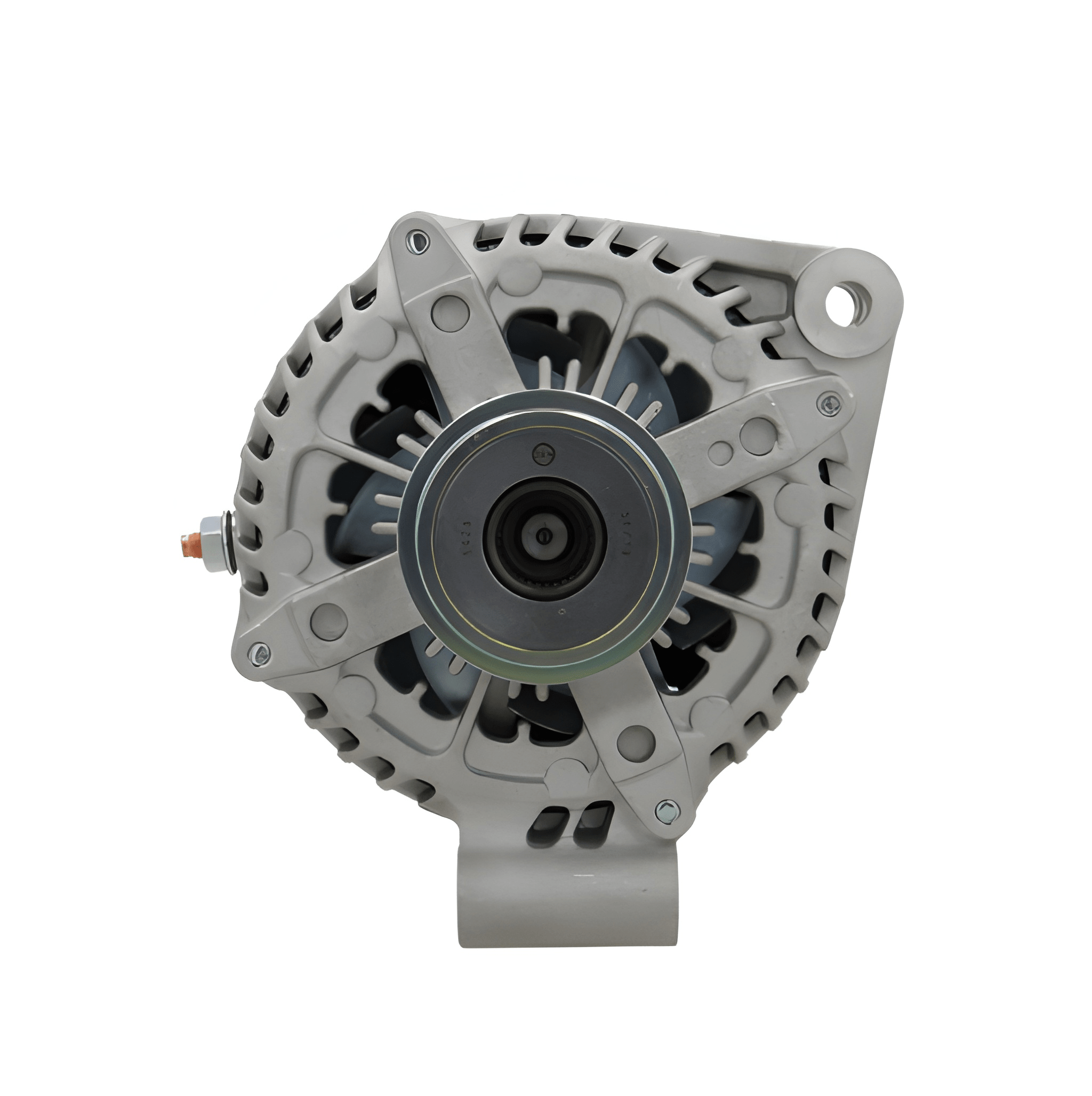 front view of A new aftermarket alternator with a metal body, free wheel pulley, and multiple mounting holes. on a white background