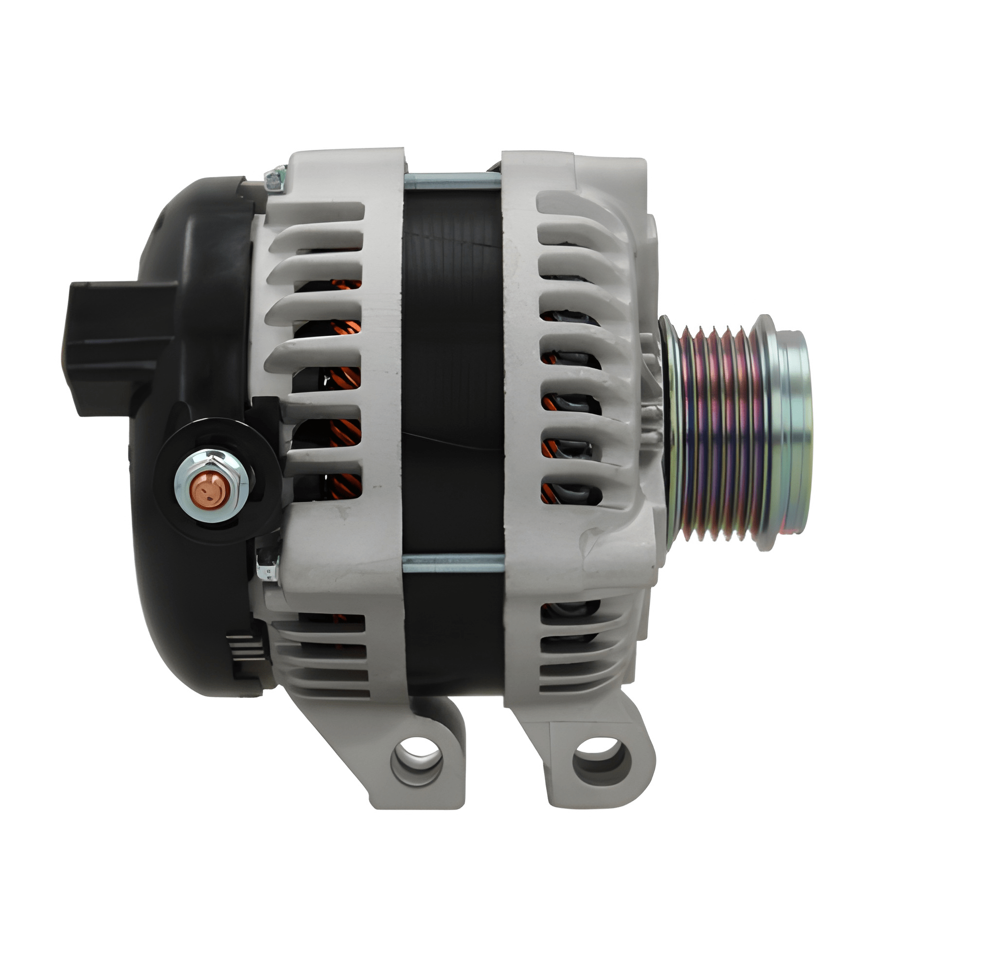 side view of A new aftermarket alternator with a metal body, free wheel pulley, and multiple mounting holes. on a white background