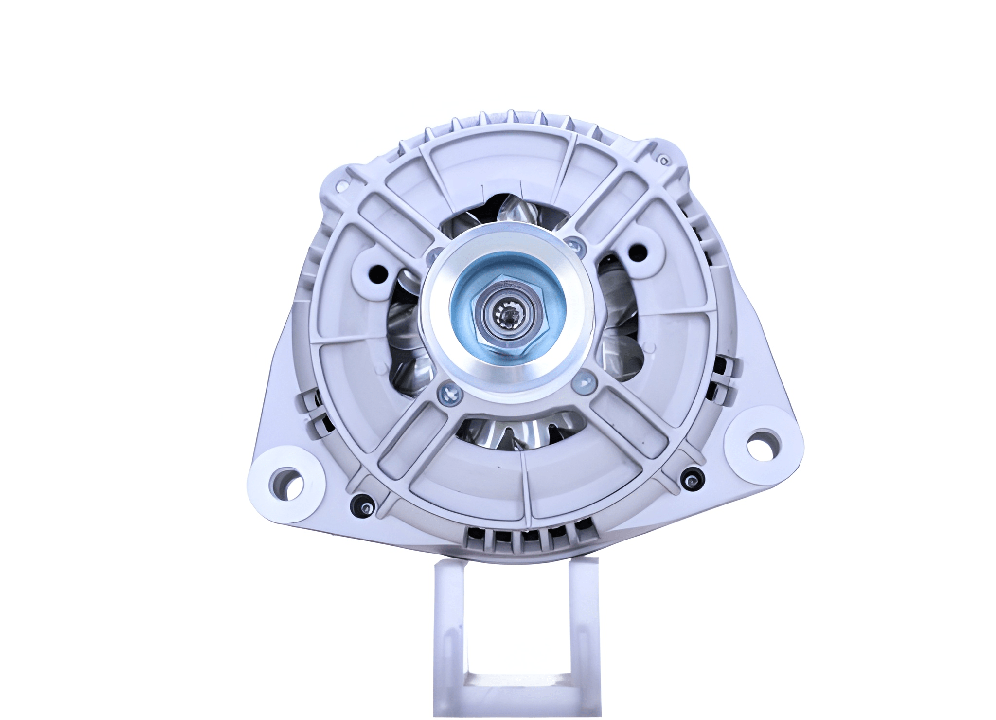 front view of A John Deere 115A 12V alternator, showing a metal body with a pulley and mounting points, against a white background.