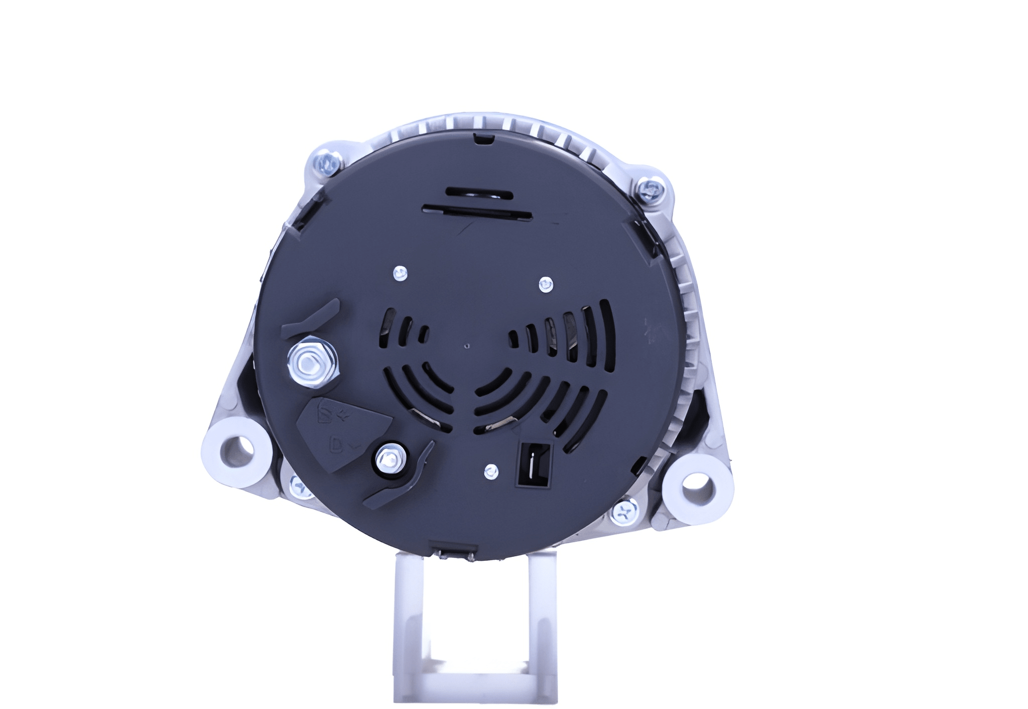 rear view of A John Deere 115A 12V alternator, showing a metal body with a pulley and mounting points, against a white background.