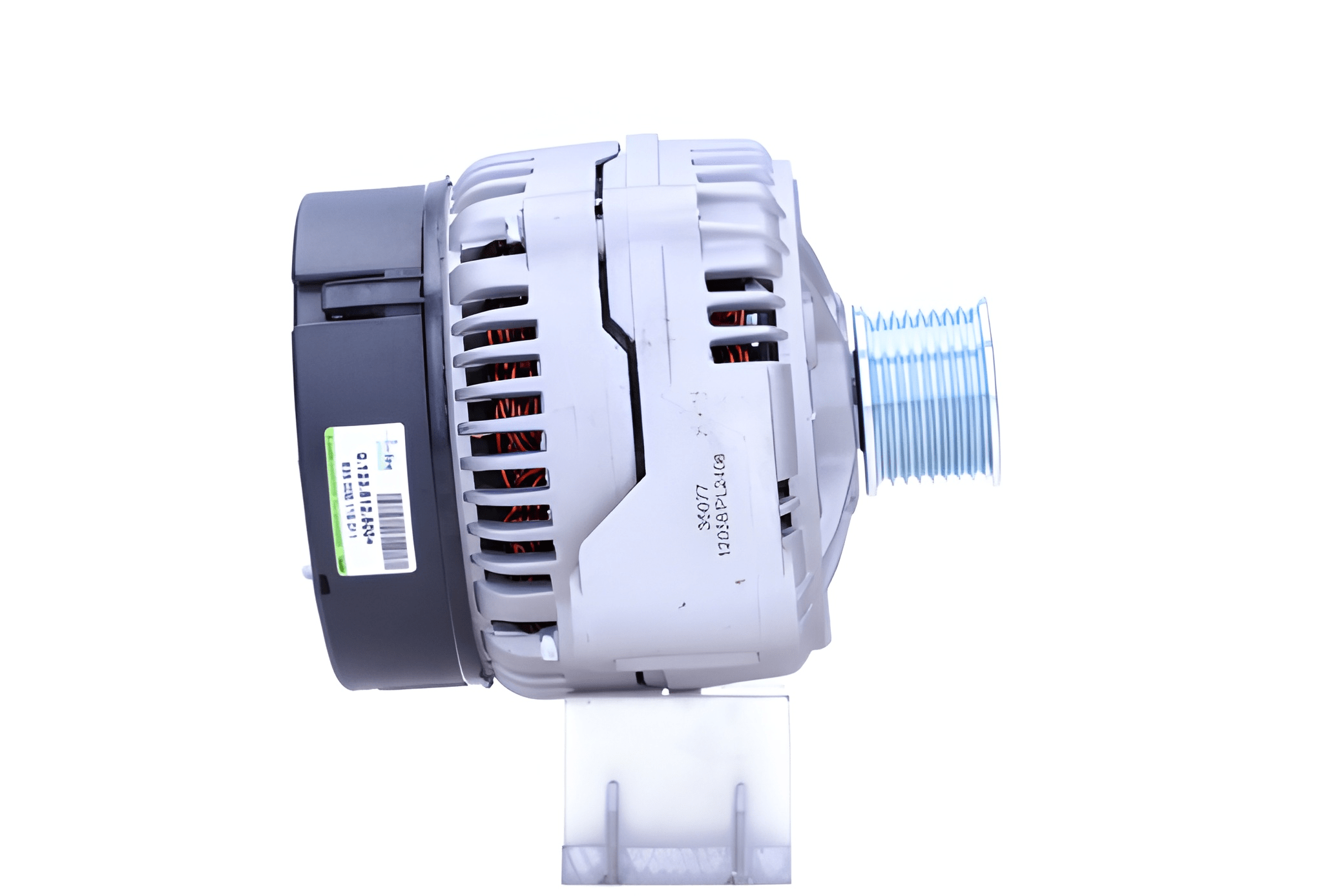 side view of A John Deere 115A 12V alternator, showing a metal body with a pulley and mounting points, against a white background.