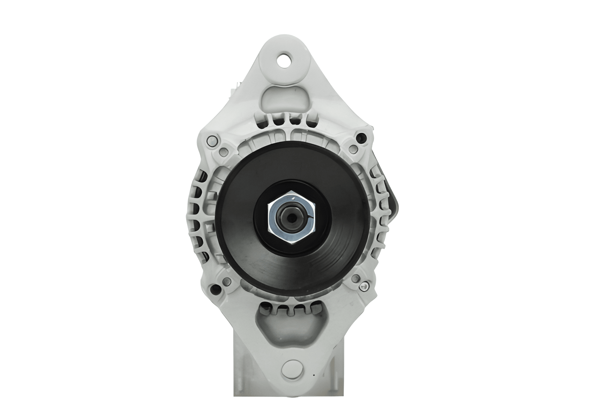 front view of A new Yanmar 40A alternator 12V, showcasing a metallic body with wiring and a pulley.