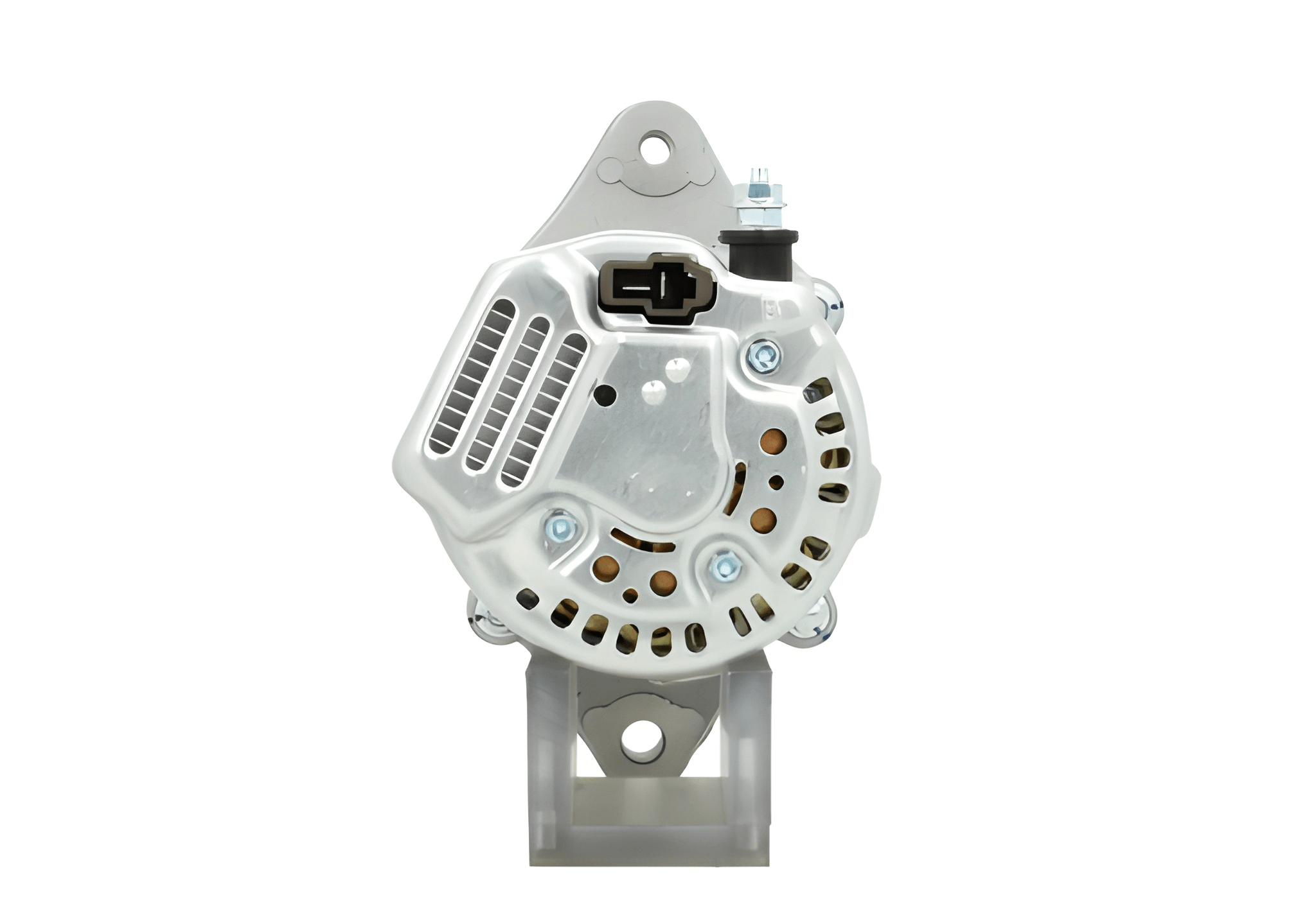 rear view of A new Yanmar 40A alternator 12V, showcasing a metallic body with wiring and a pulley.