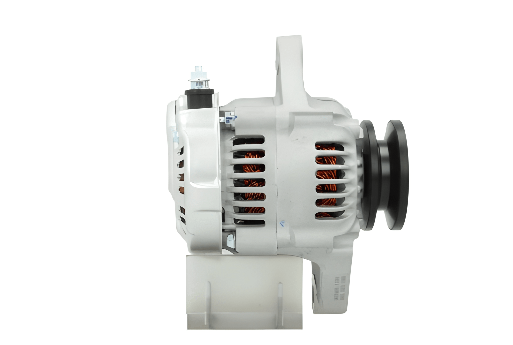 side view of A new Yanmar 40A alternator 12V, showcasing a metallic body with wiring and a pulley.